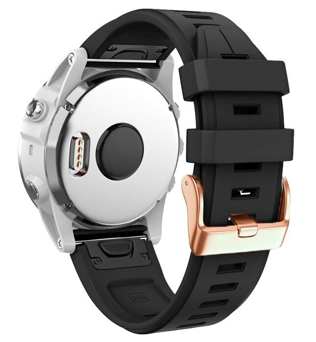 White sports smartwatch with black silicone band and rose gold buckle clasp, QuickFit 20mm compatible strap