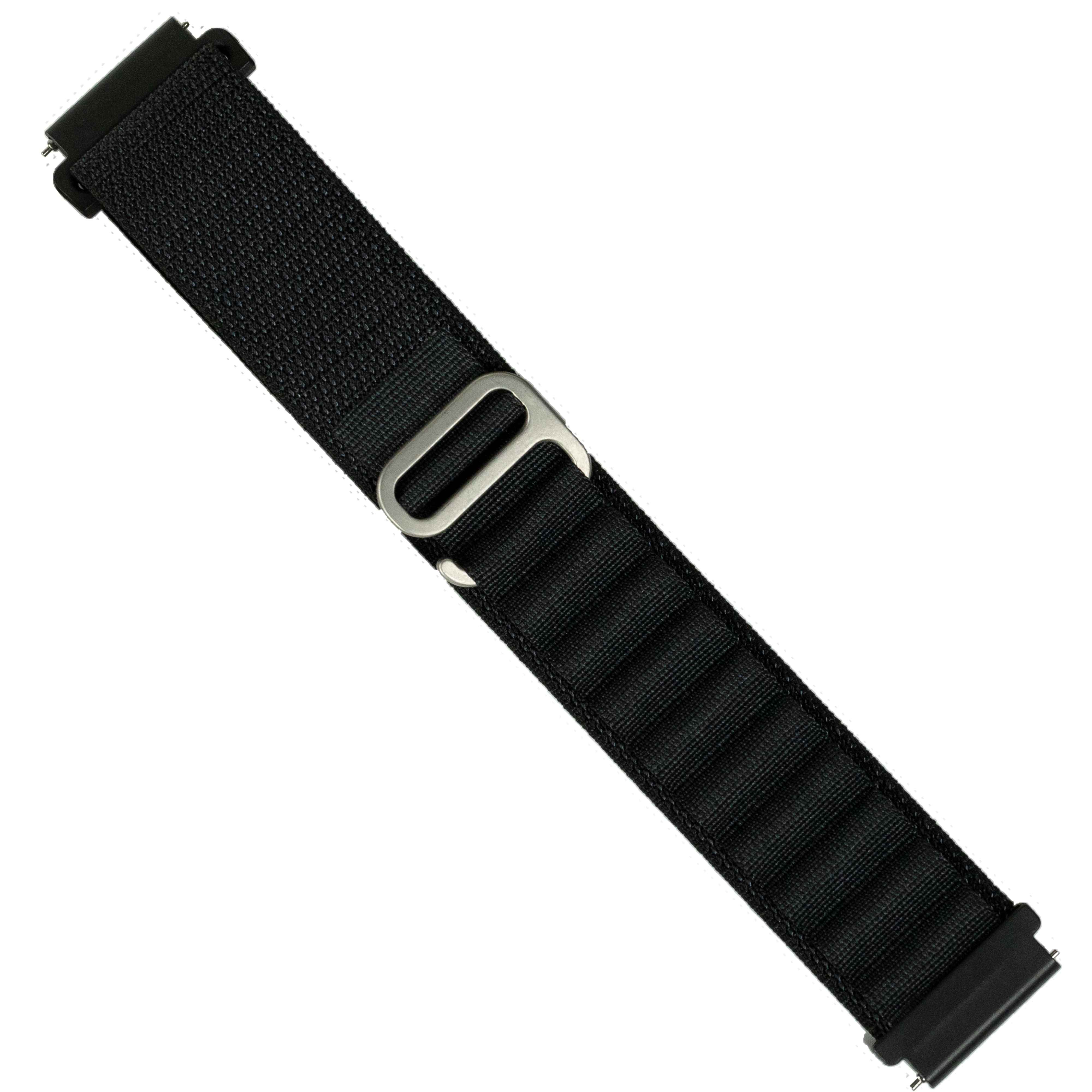 Black tactical watch band with quick release metal buckle and alpine loop strap design