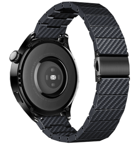 Black stainless steel link band for Fitbit smartwatch with carbon fiber pattern design and magnetic closure