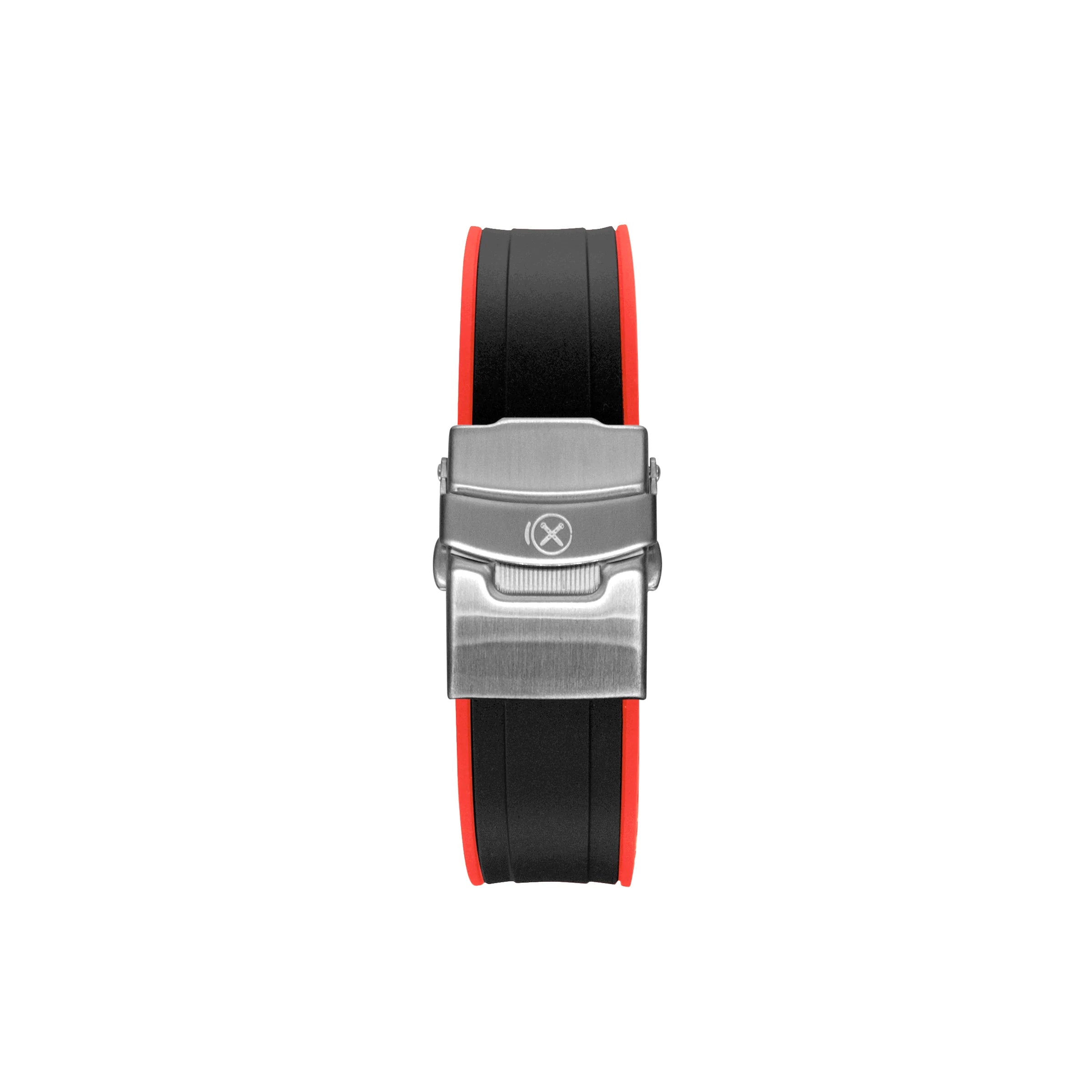 Red and black rubber watch strap with curved ends and brushed steel buckle clasp for Seiko 5 Sports GMT