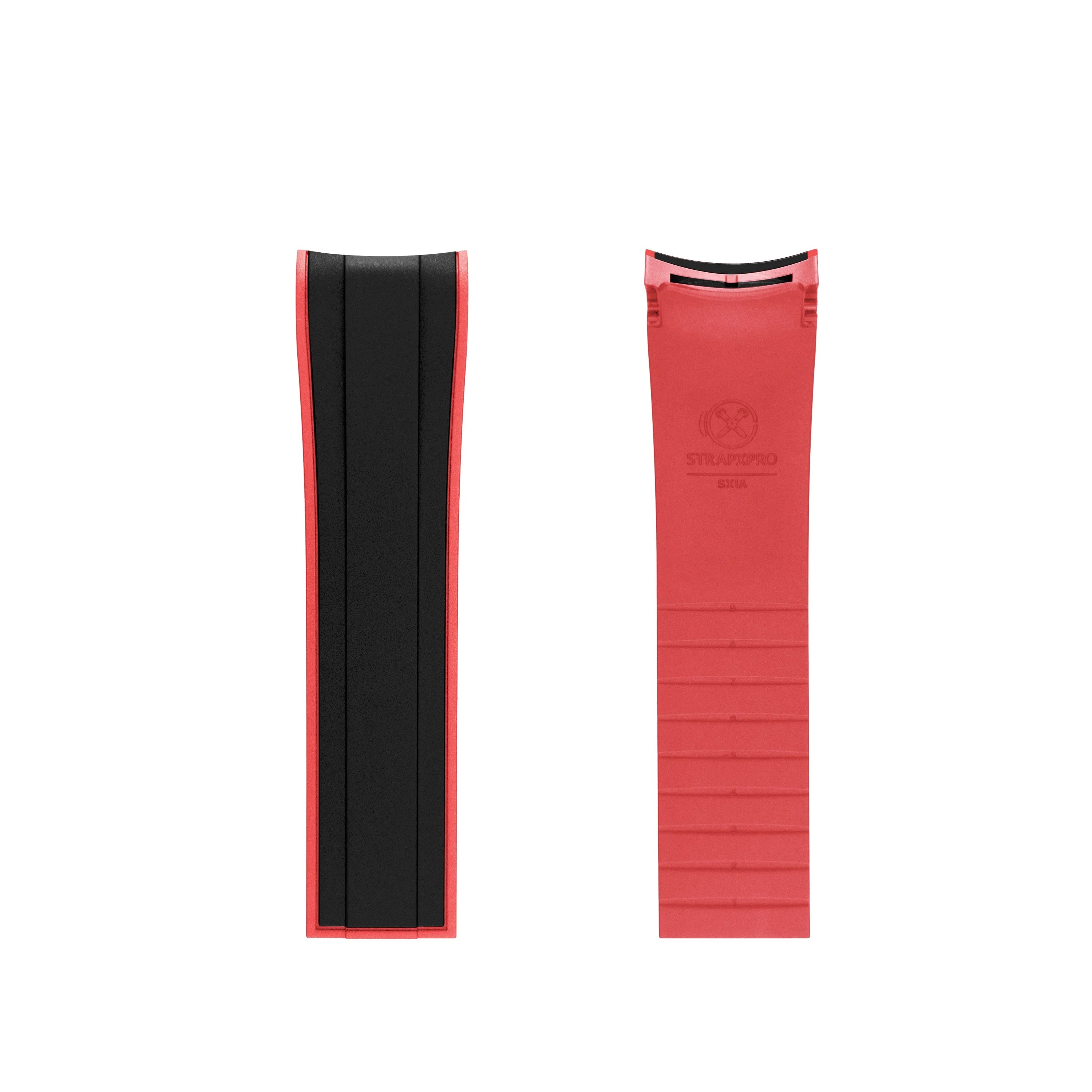 Red and black rubber watch strap with curved ends for Seiko SKX series, front and back view