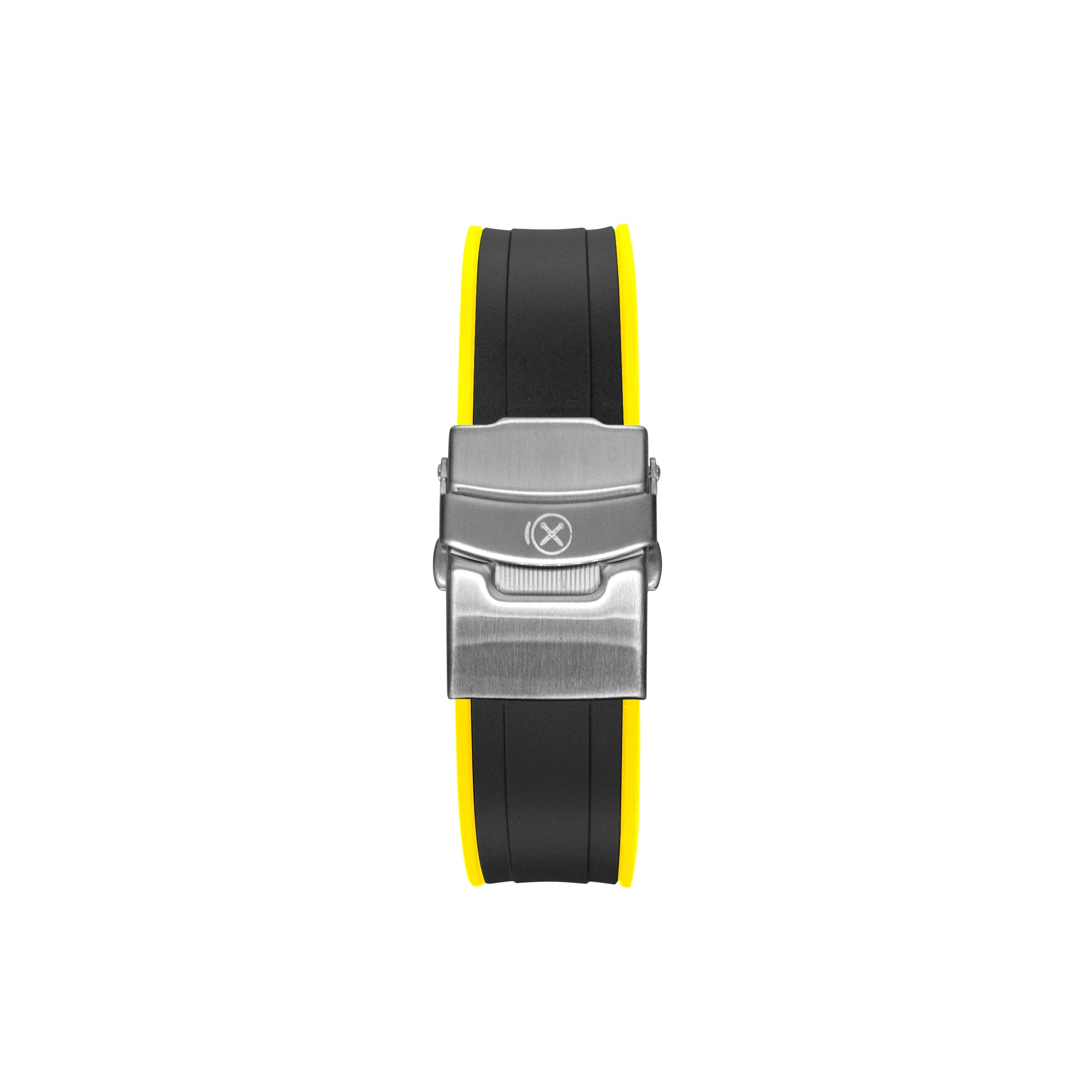 Black and yellow rubber watch strap with brushed metal curved buckle for Seiko 5 Sports GMT watch