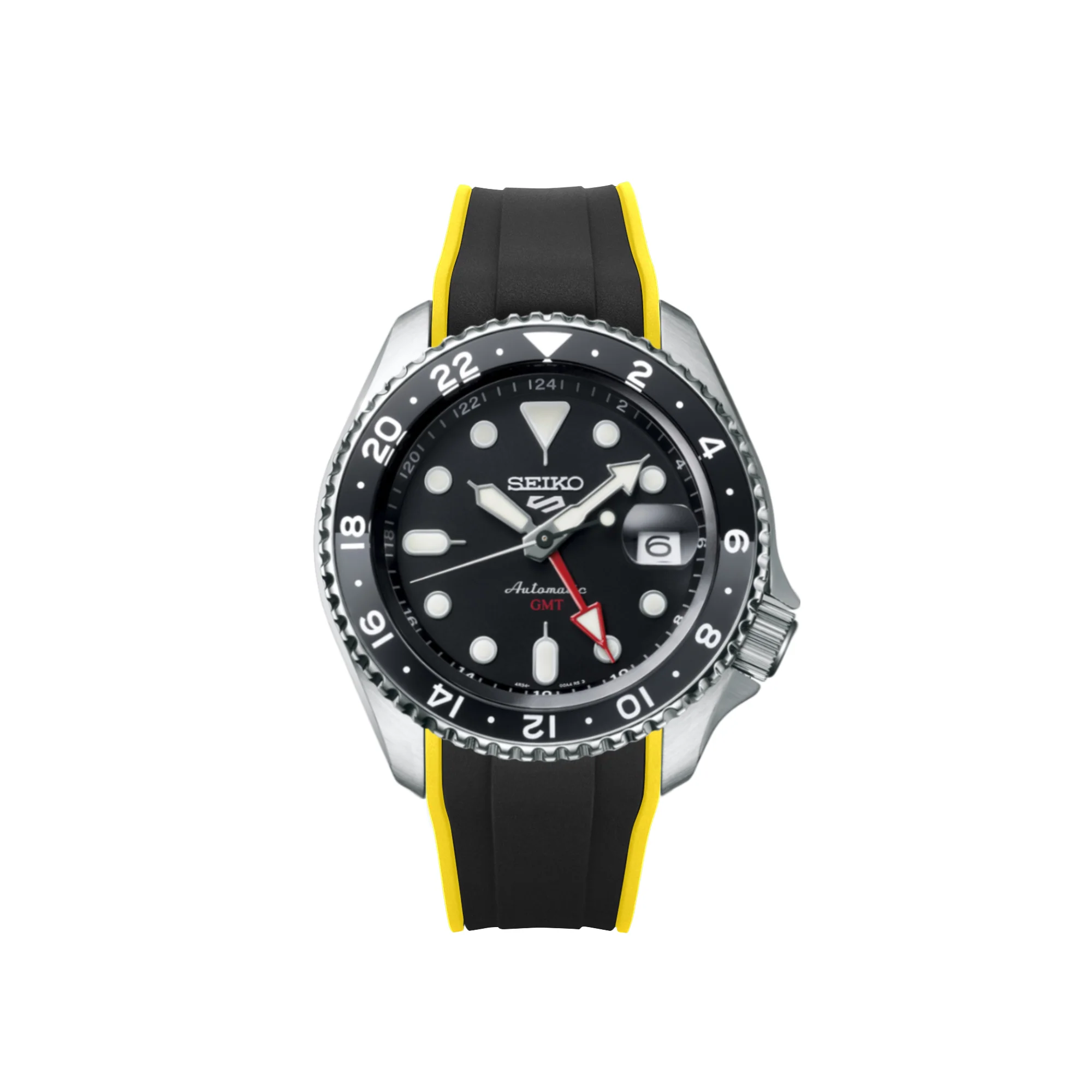 Seiko 5 Sports GMT automatic watch with black dial, stainless steel case, and yellow-black rubber strap with curved ends