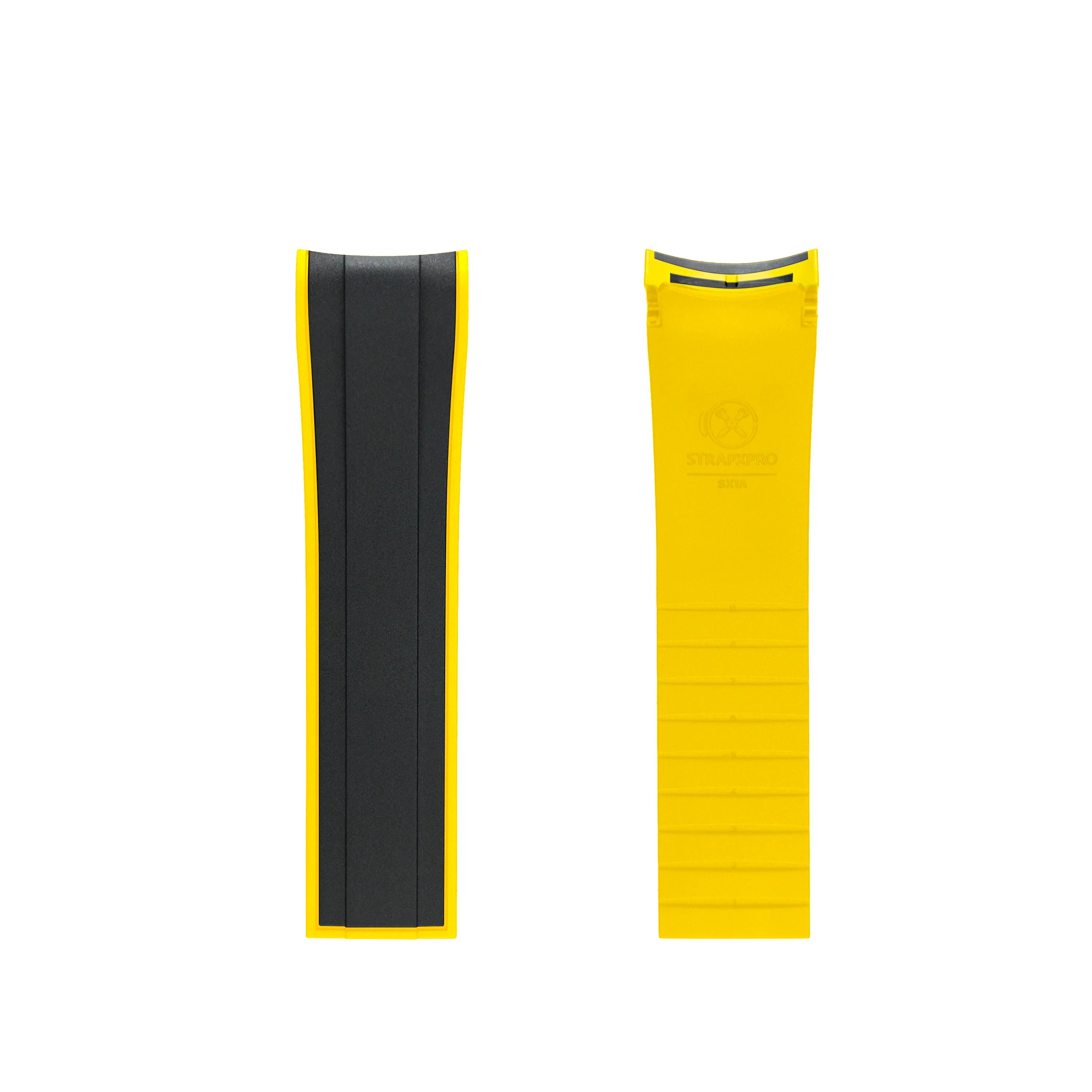 Yellow rubber watch strap with curved ends for Seiko 5 Sports GMT, front and back view