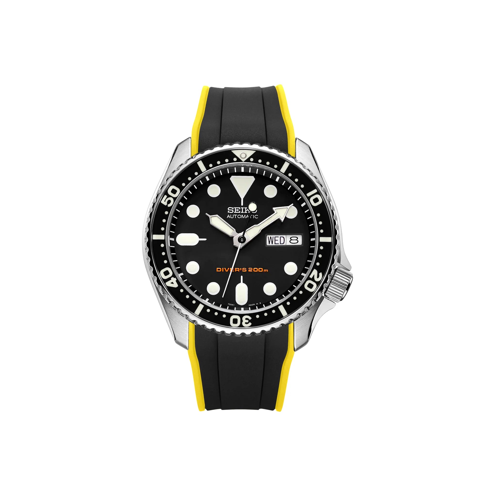 Seiko SKX automatic dive watch with black dial, stainless steel case, black and yellow rubber strap, 200m water resistance