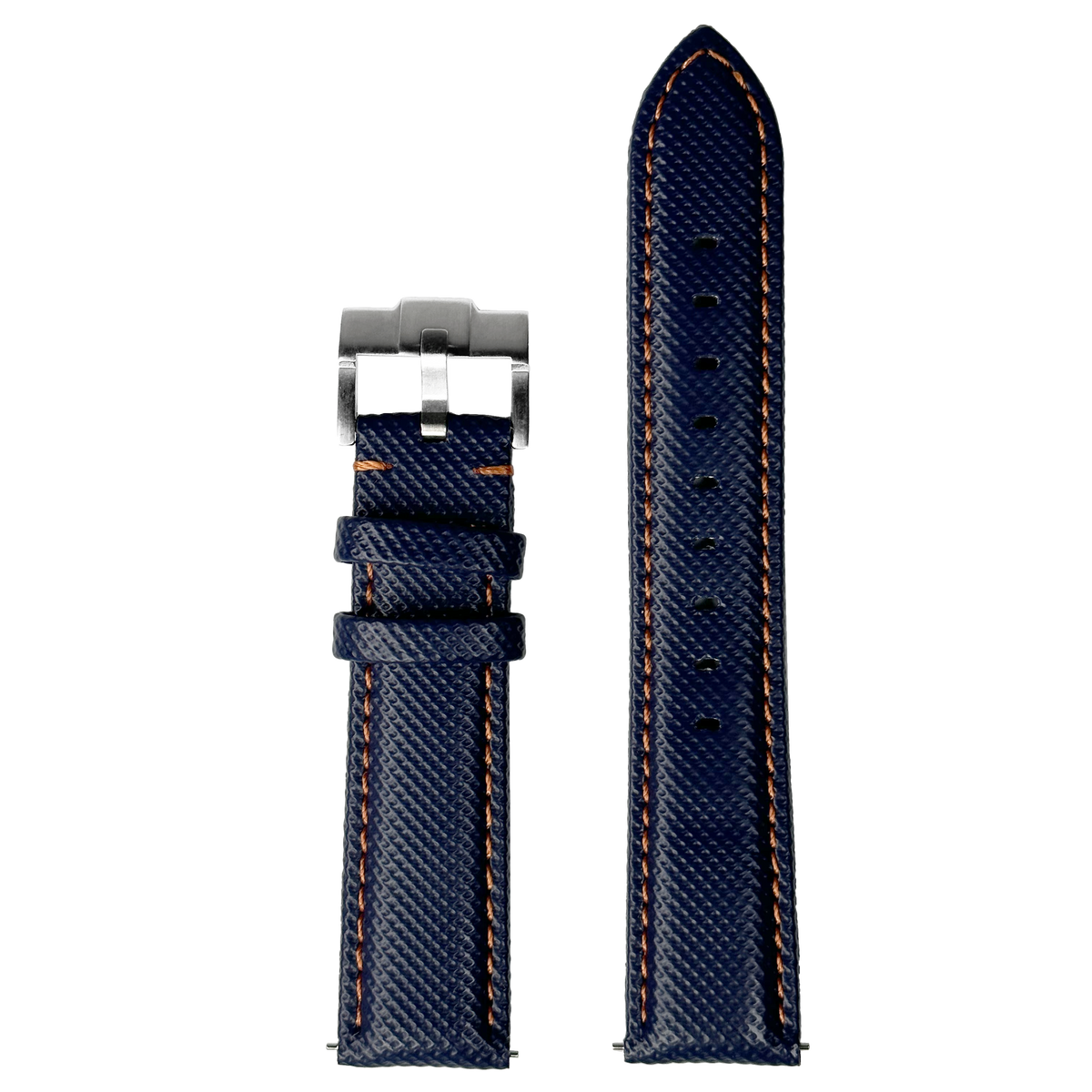 Navy blue sailcloth watch strap with orange stitching and silver buckle for Galaxy Watch 8 Ultra