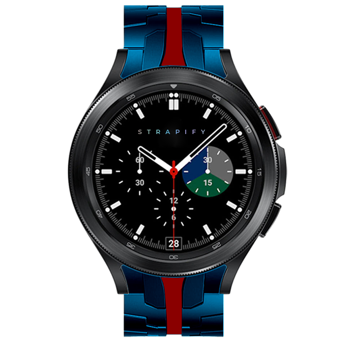 Strapify Armour fitted steel bracelet watch band in blue and red with chrono dial display on black smartwatch face