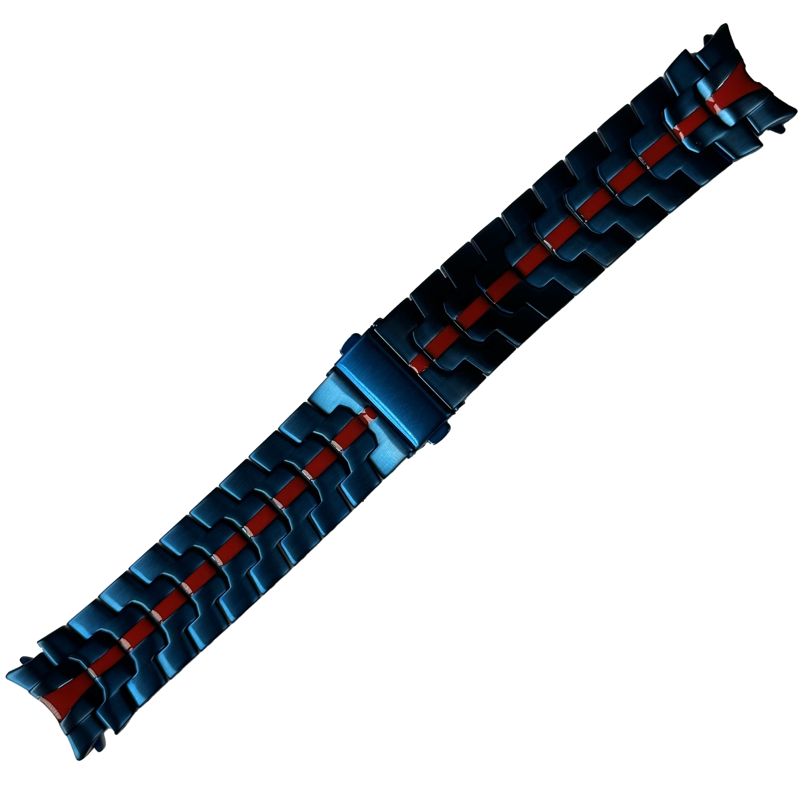 Blue and red stainless steel fitted bracelet for Galaxy Watch 4-7 with armour-style segmented links and adjustable clasp