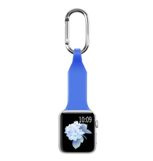 Blue silicone carabiner fob with metal clasp attached to silver smartwatch, keychain attachment for wearable devices