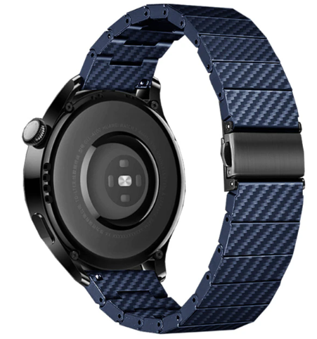 Blue carbon fiber quick release smartwatch band with black stainless steel clasp and black watch face