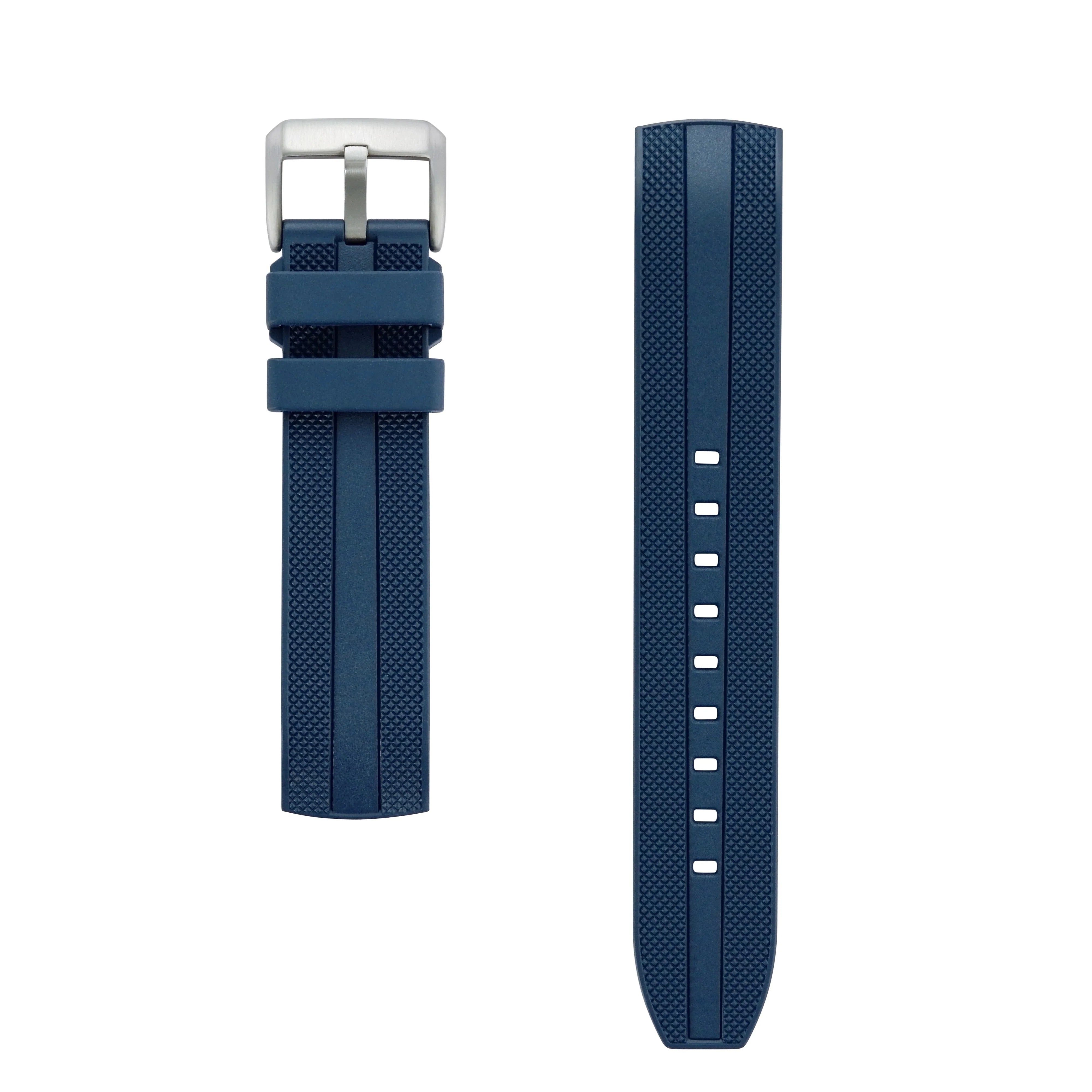 Navy blue rubber strap with curved ends, stainless steel buckle, and adjustment holes for Seiko Prospex watches