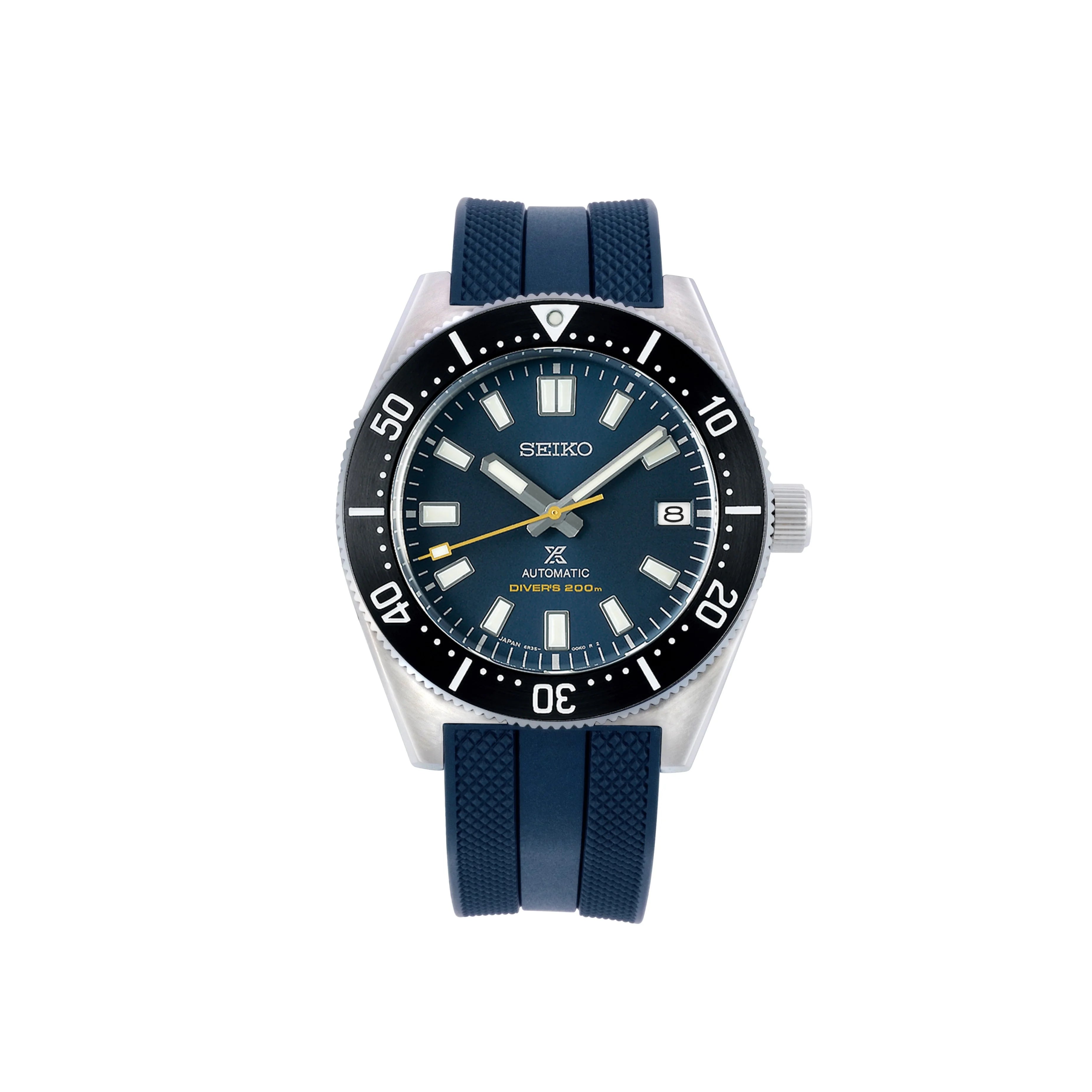 Seiko Prospex automatic diving watch with stainless steel case, black bezel, dark blue dial, date window, and blue rubber strap