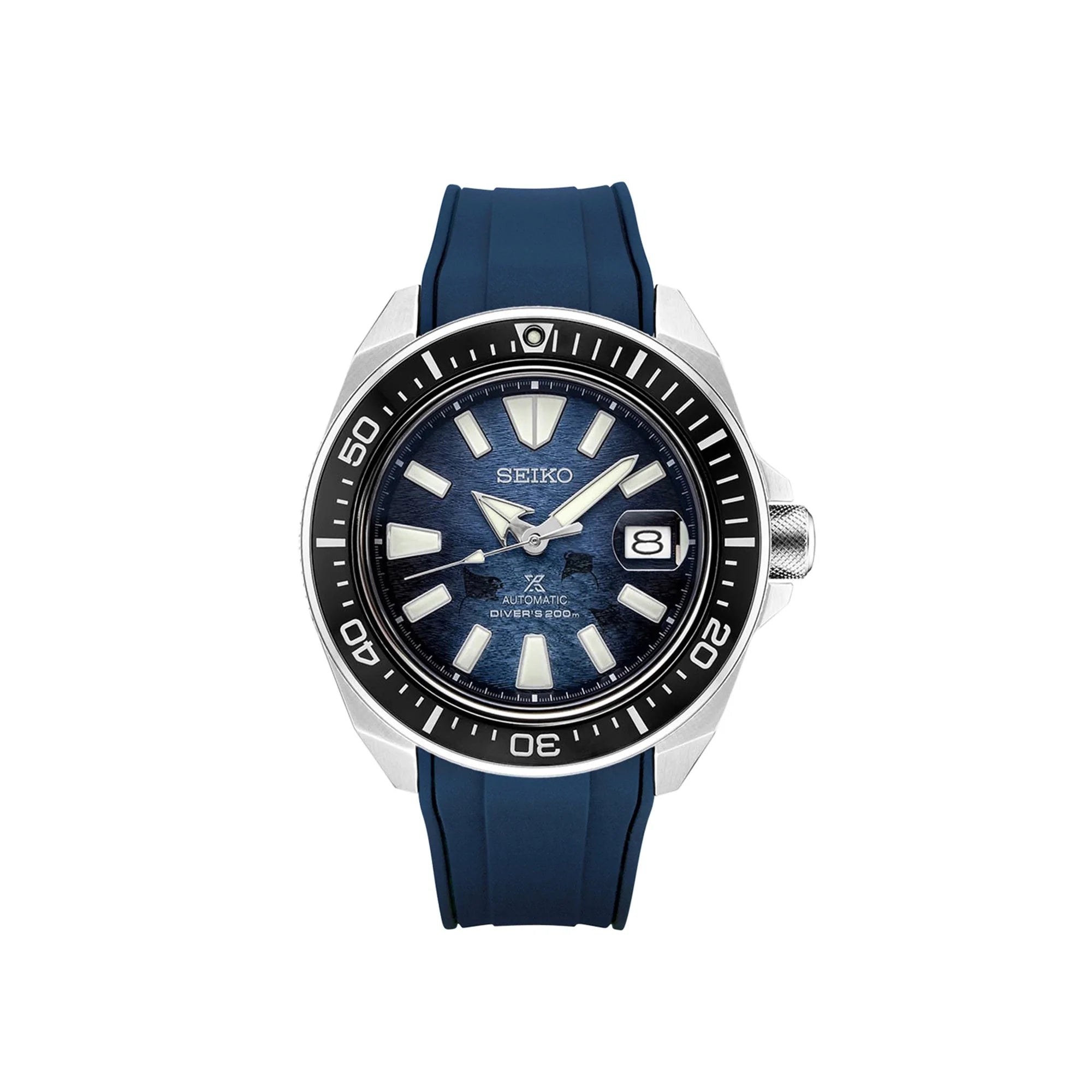 Seiko Prospex Samurai automatic dive watch with blue dial, stainless steel case, black bezel, and blue rubber strap