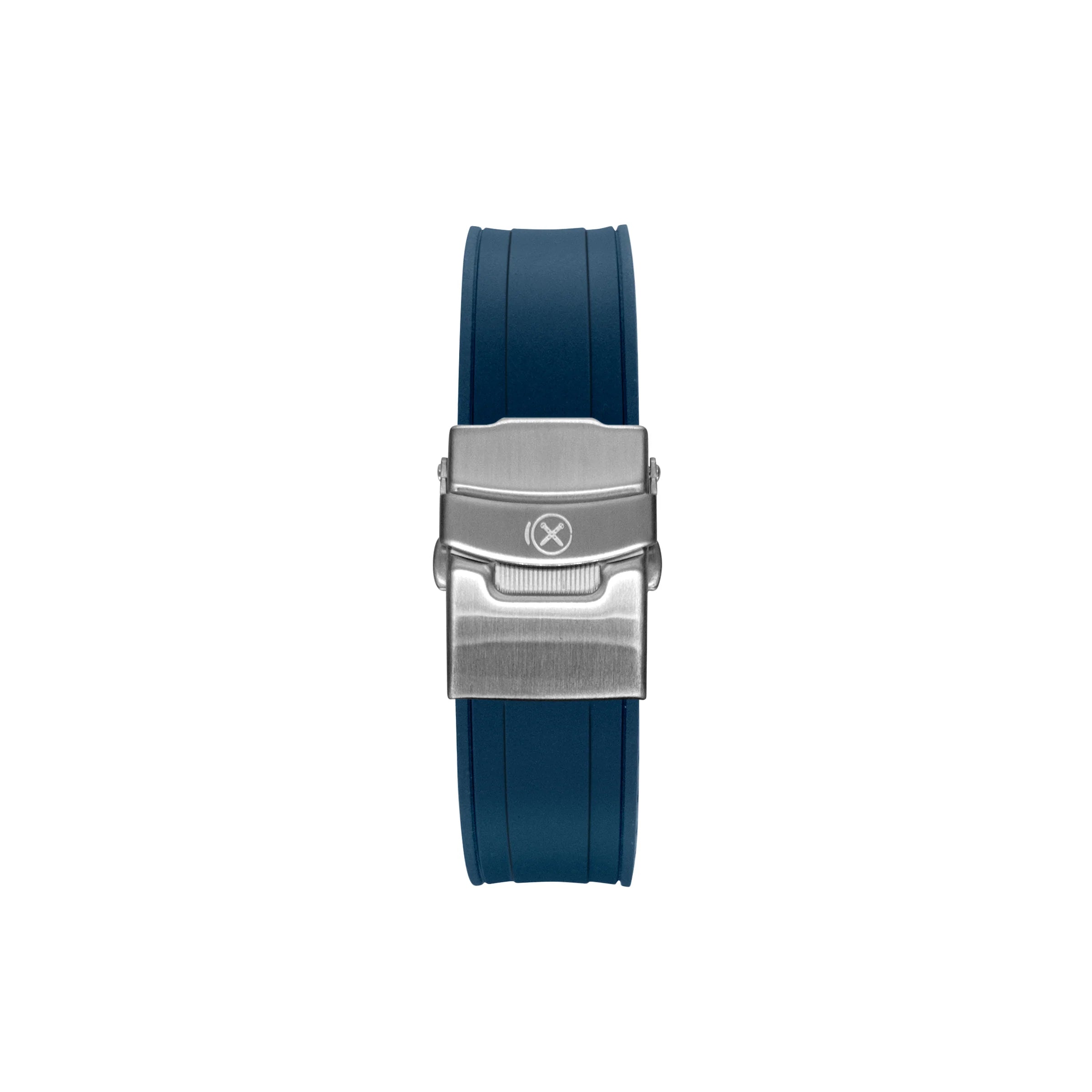 Blue rubber watch strap with brushed stainless steel curved-end clasp for Seiko Prospex Samurai