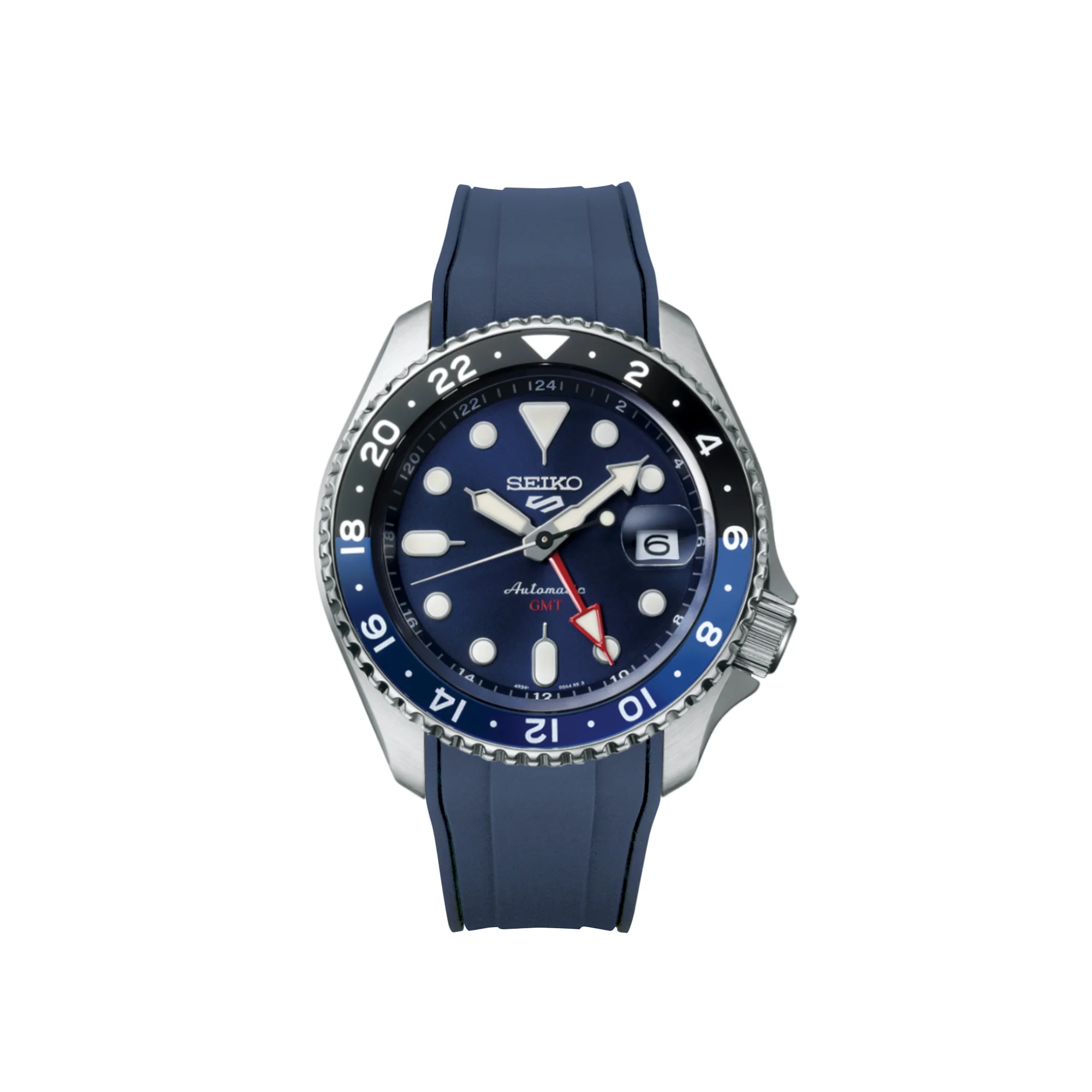 Seiko 5 Sports GMT automatic watch with blue dial, black and blue rotating bezel, date window, and navy rubber strap