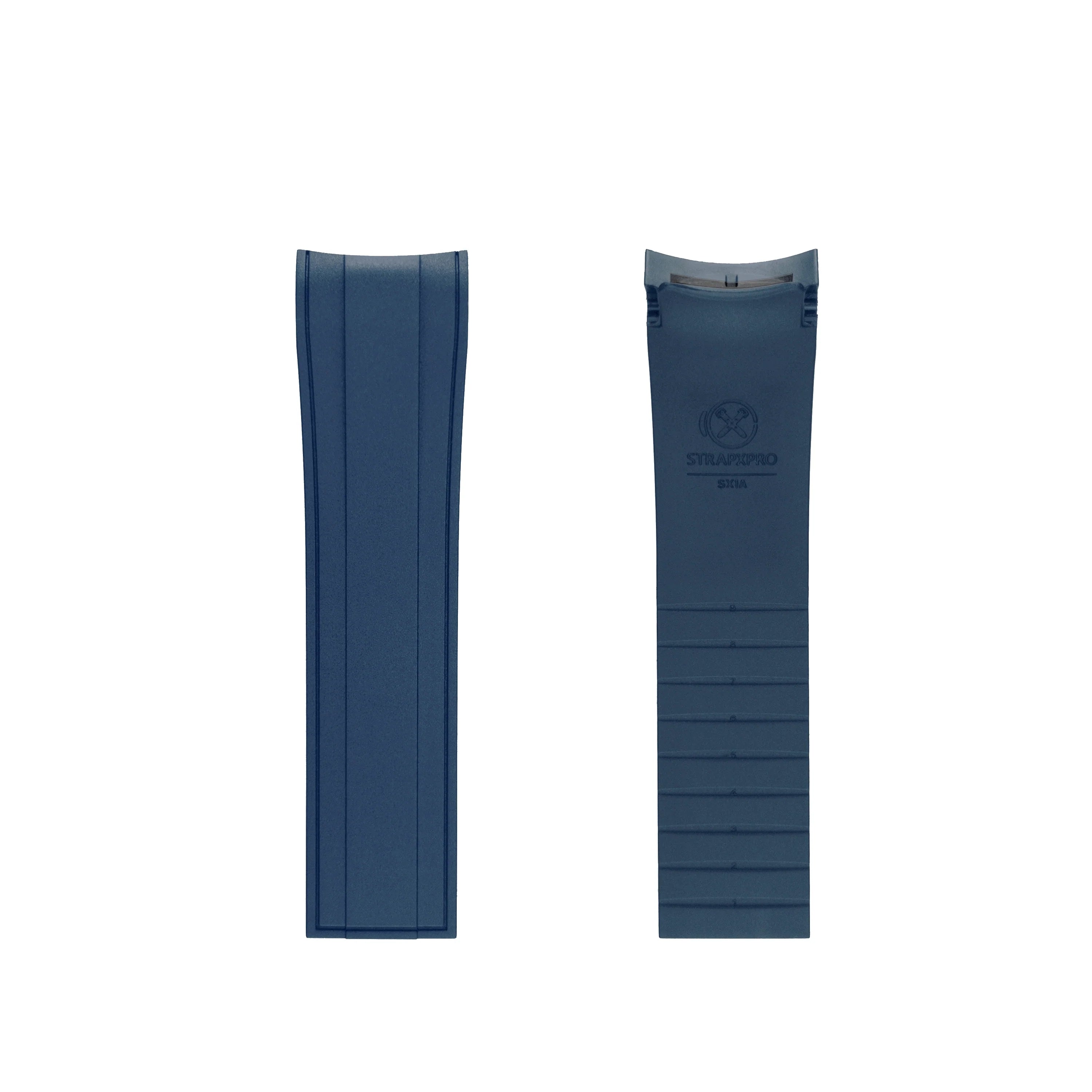 Curved-end blue rubber strap for Seiko SKX series watches with integrated lug design