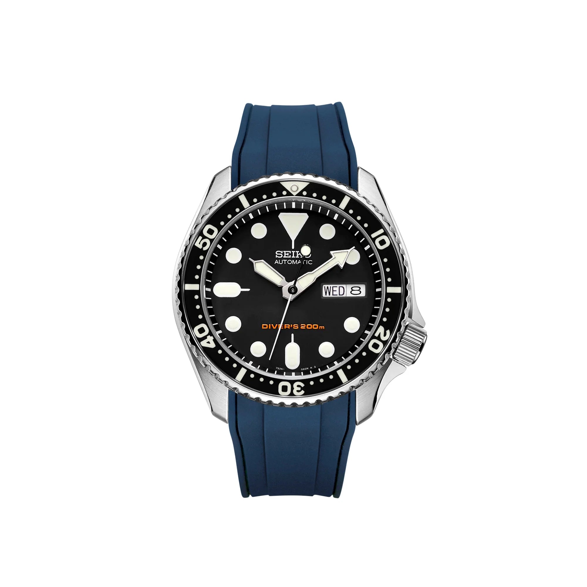 Seiko SKX automatic dive watch with black dial, stainless steel case, rotating bezel, and blue rubber strap with curved ends