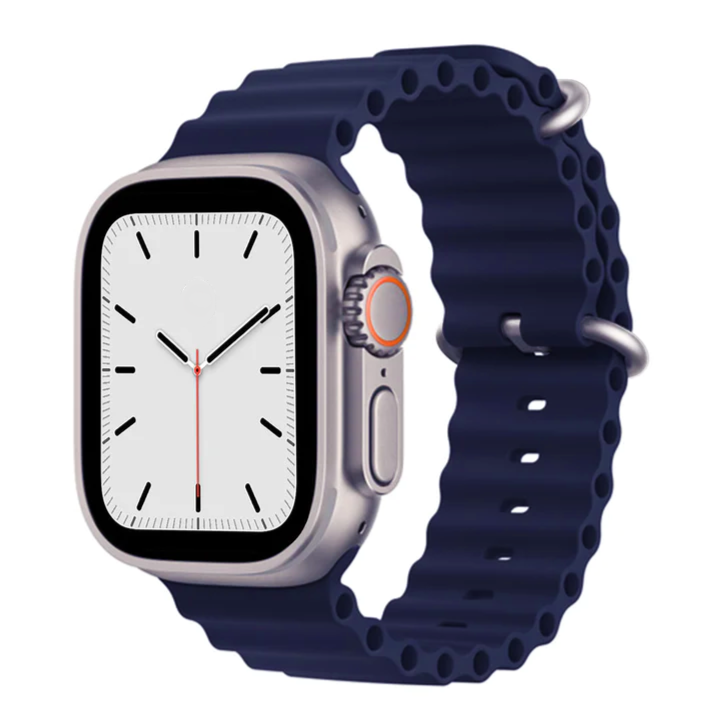 Silver smartwatch with minimalist white dial and navy blue ocean loop band featuring ventilation holes