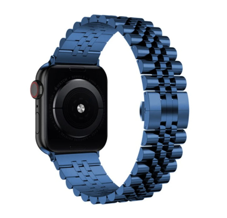 Blue stainless steel jubilee bracelet band for Fitbit Versa 3 4 and Sense smartwatch with adjustable links