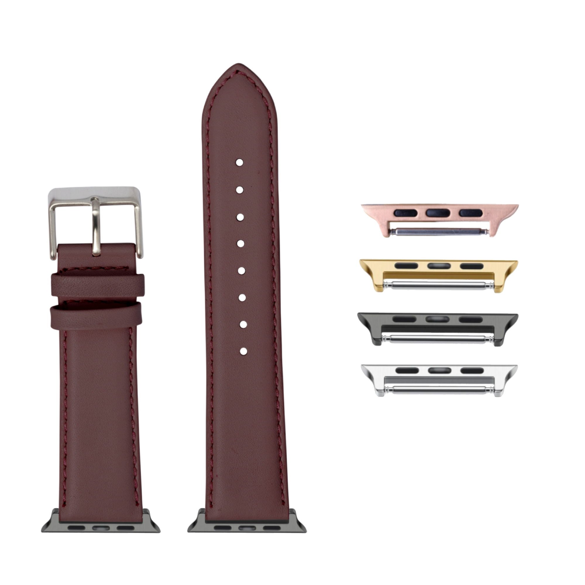 Bordeaux padded leather Apple Watch band with silver buckle and interchangeable watch connector adapters in rose gold, gold, space gray, and silver finishes