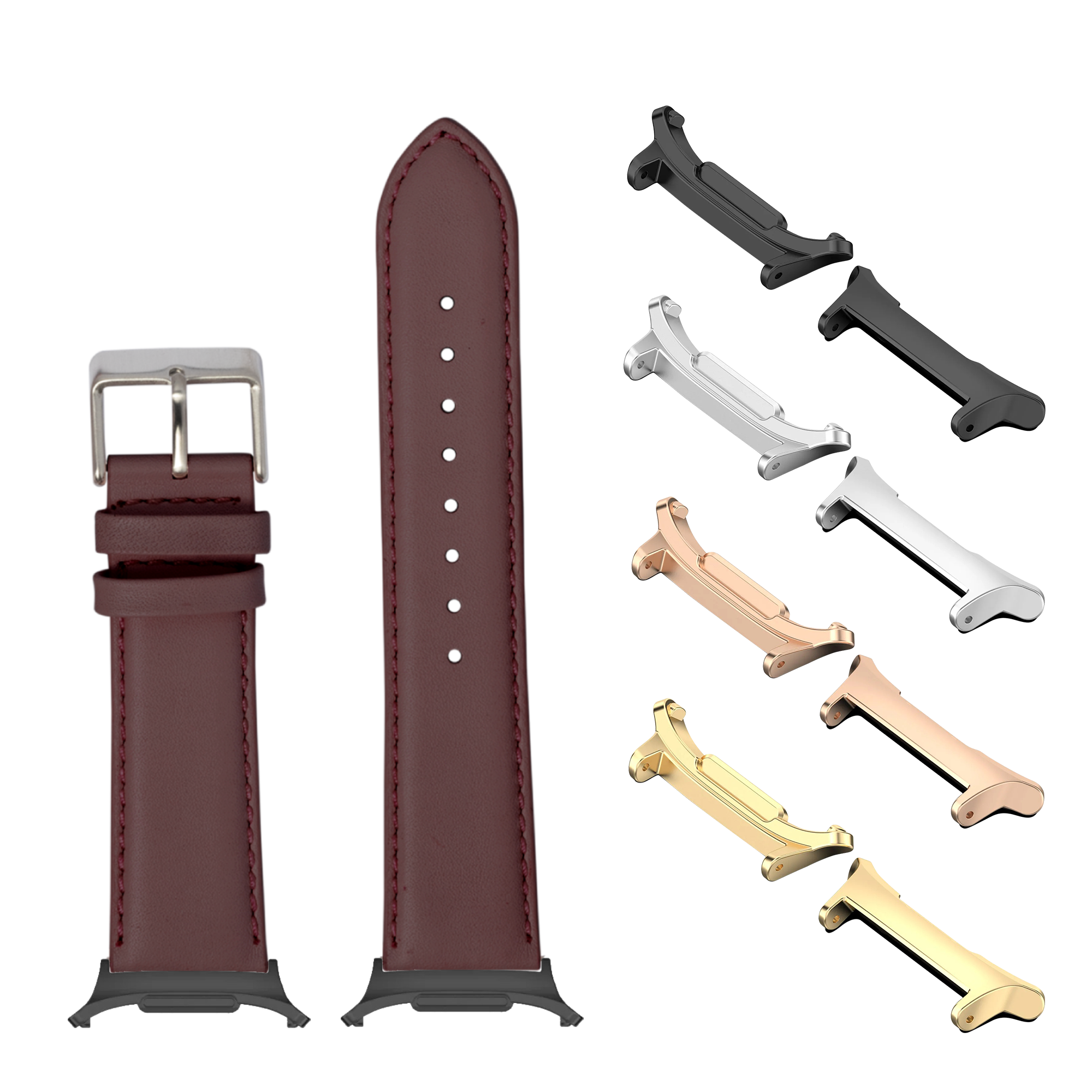 Burgundy padded leather watch band with silver buckle and interchangeable metal lugs in black, silver, rose gold and gold finishes
