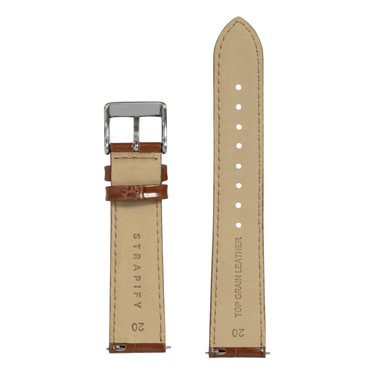 Brown alligator leather watch band with silver buckle and white stitching, 20mm width, curved lug design for Galaxy Watch compatibility