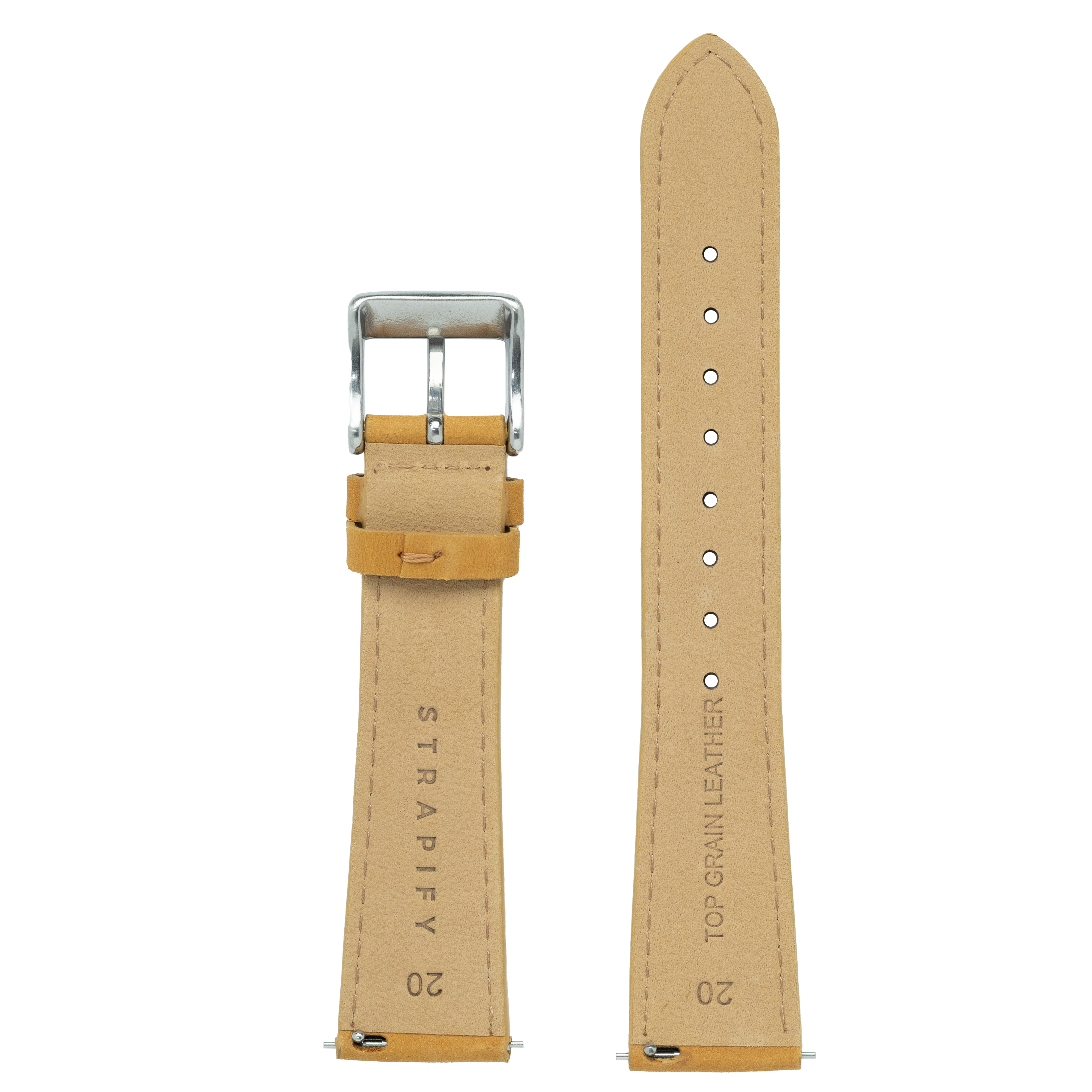 Tan nubuck leather quick release watch strap with silver buckle and adjustment holes