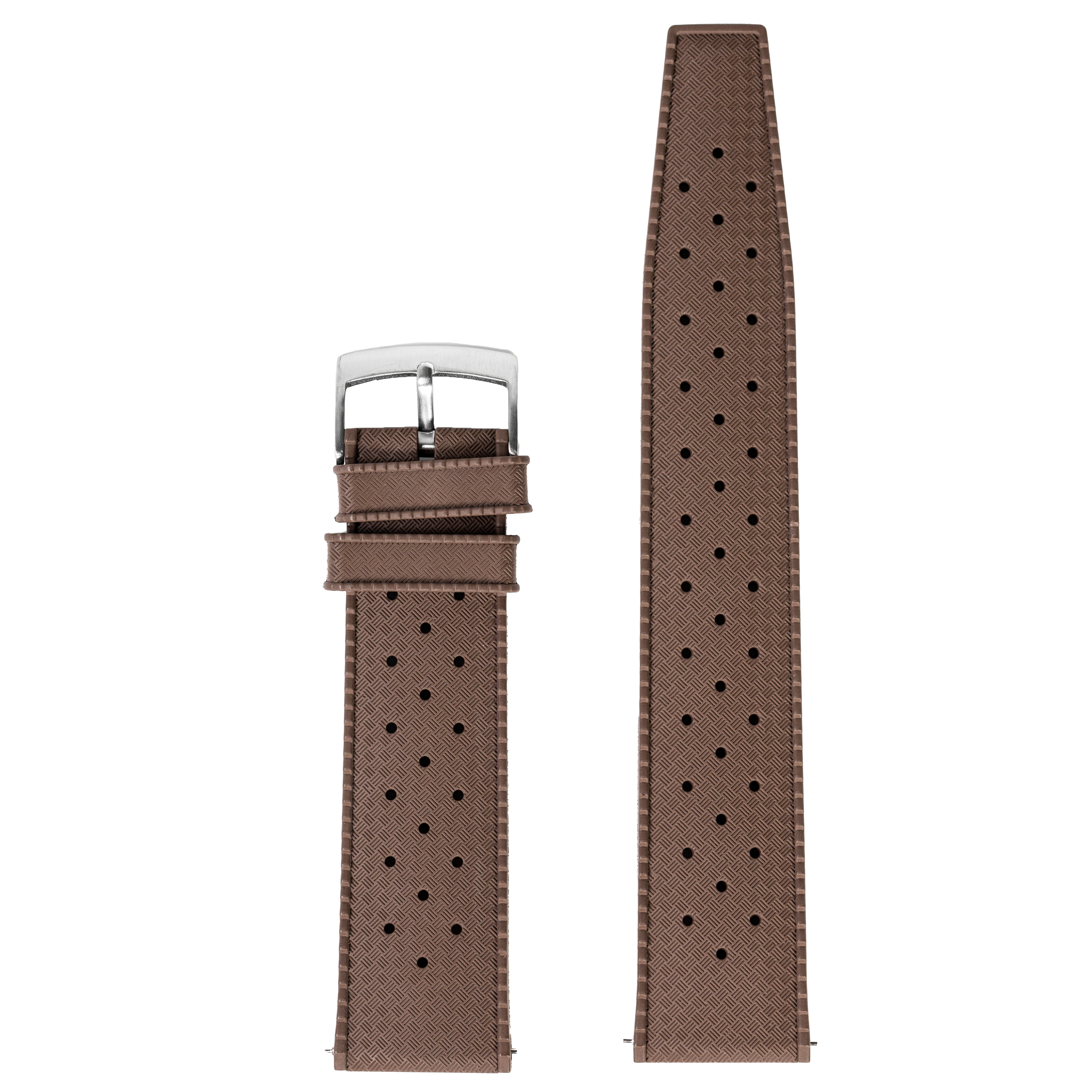 Brown perforated rubber quick release watch strap with silver buckle and herringbone pattern texture