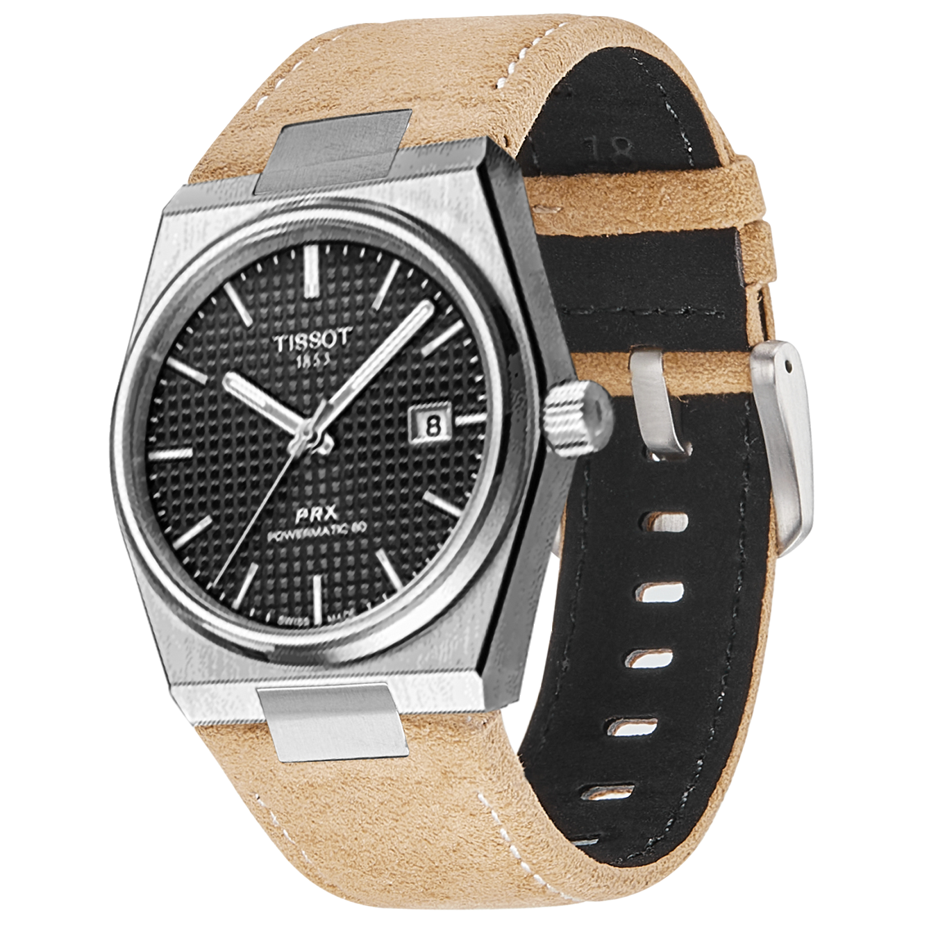 Tissot PRX 40 automatic watch with black dial, stainless steel case, and brown Alcantara leather strap with white stitching