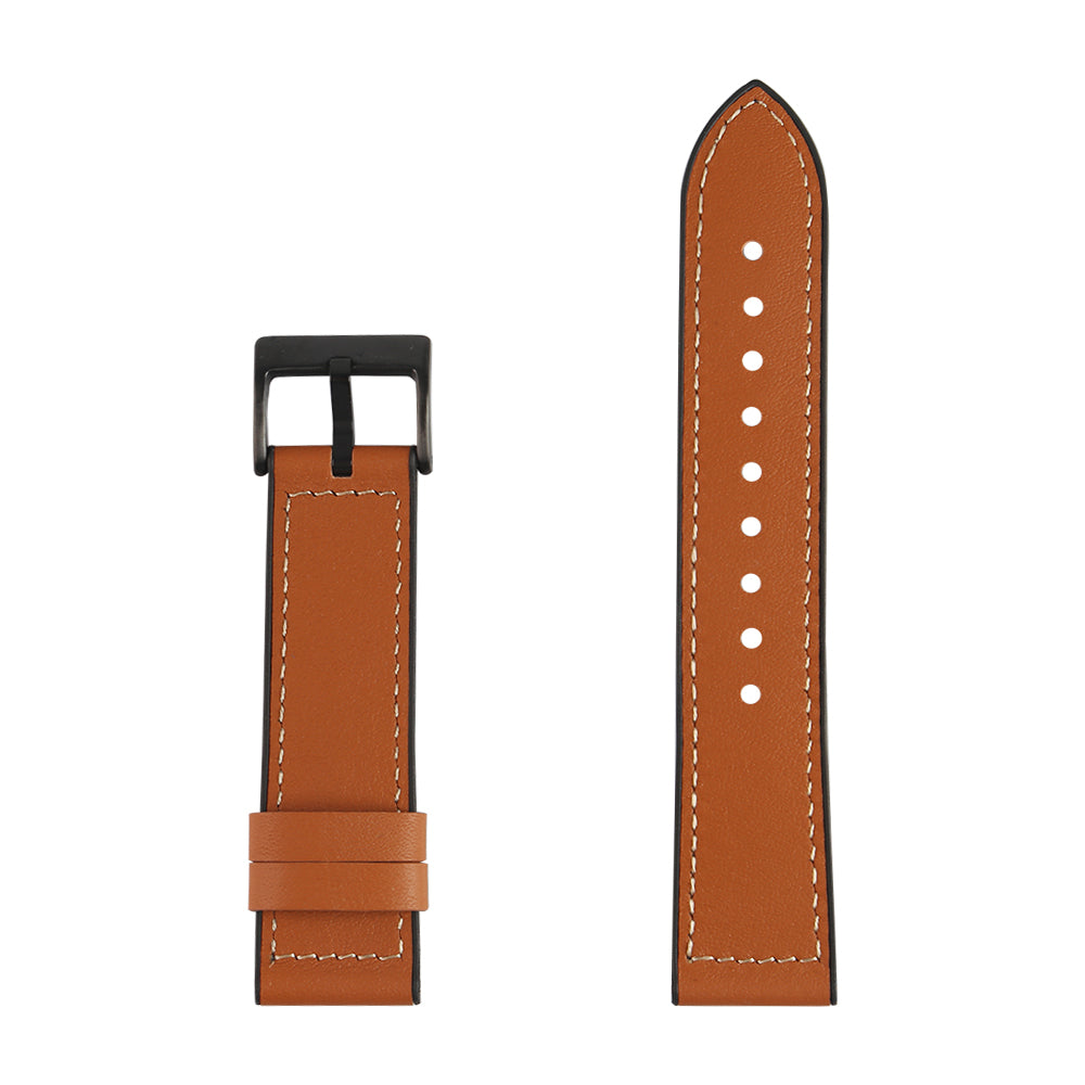 Tan leather quick release watch band with contrasting white stitching, black buckle, and adjustment holes