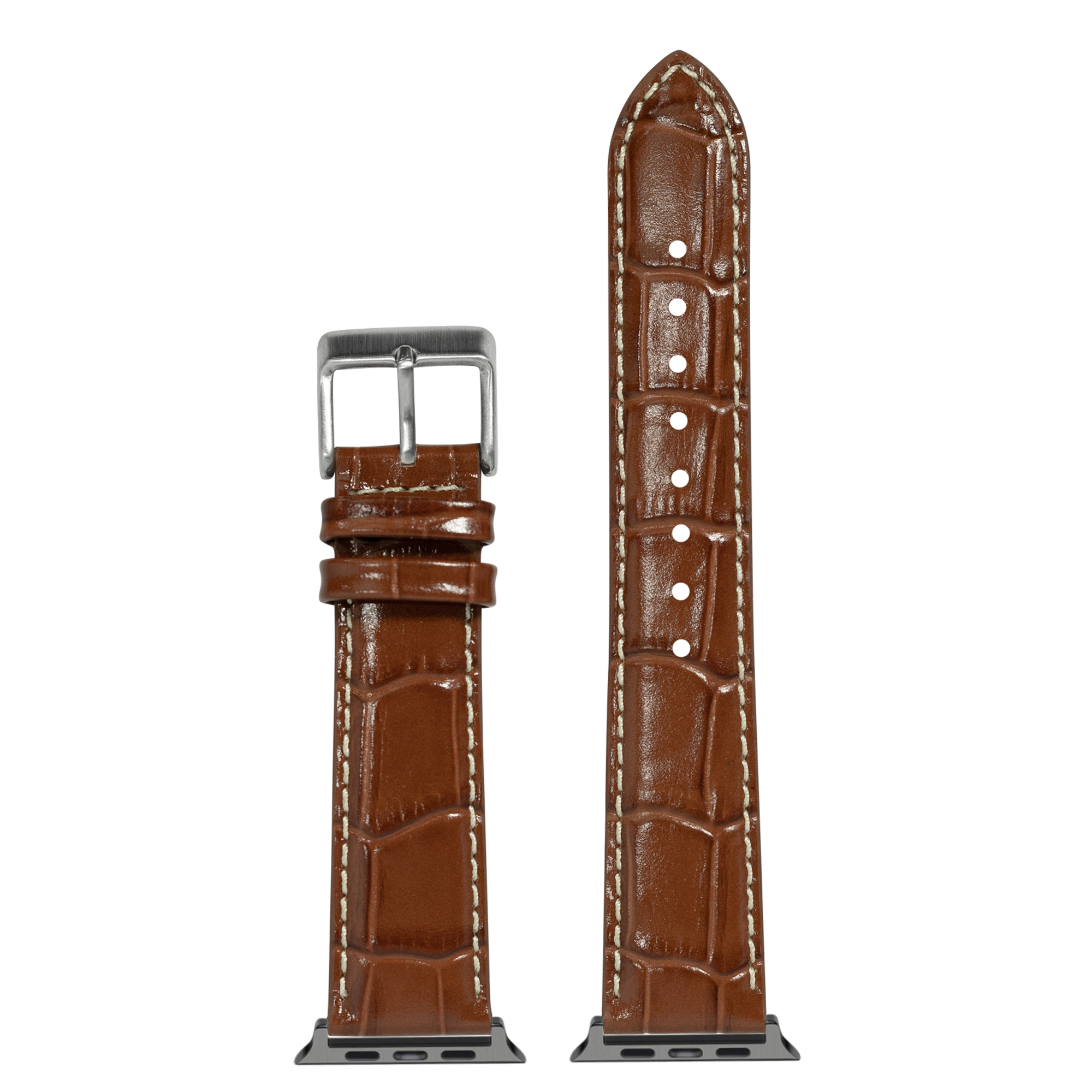 Brown alligator leather Apple Watch band with contrast white stitching and silver buckle clasp