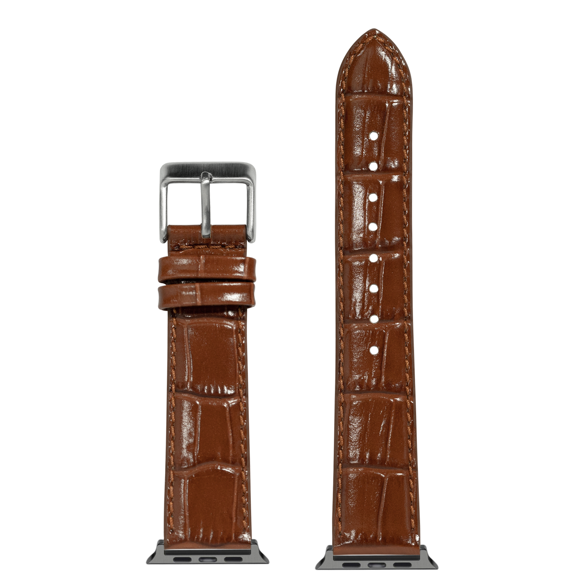 Brown alligator leather Apple Watch band with silver buckle and white stitch detail, shown assembled and unassembled