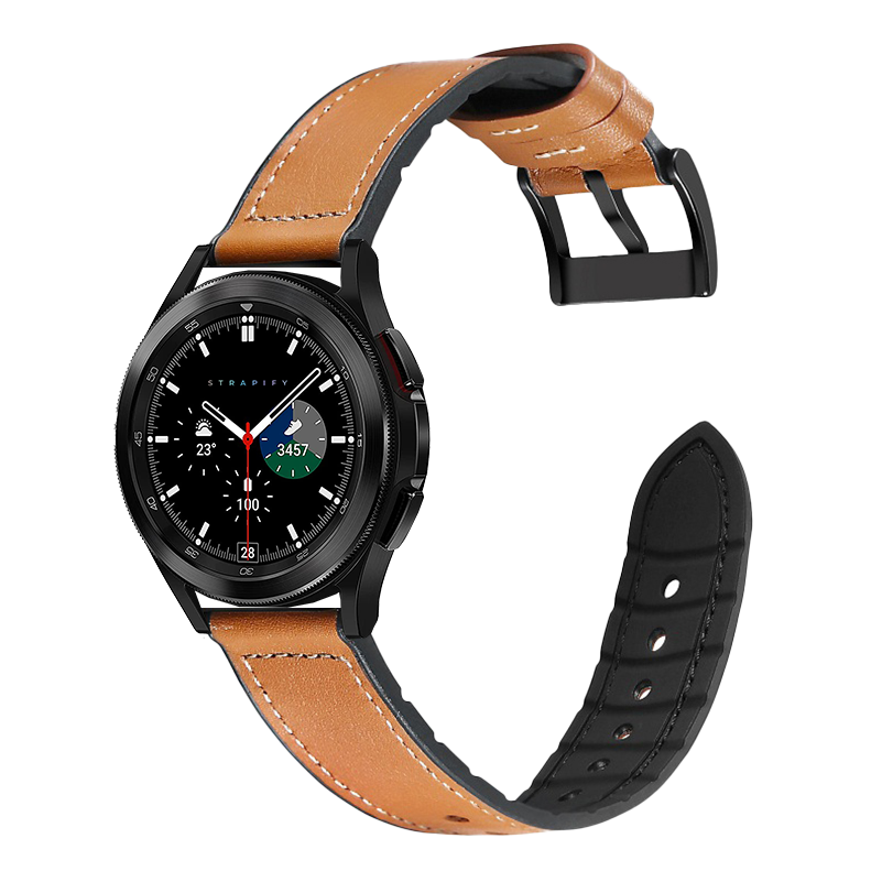 Black smartwatch with brown leather quick release hybrid band and black silicone strap, displaying activity metrics