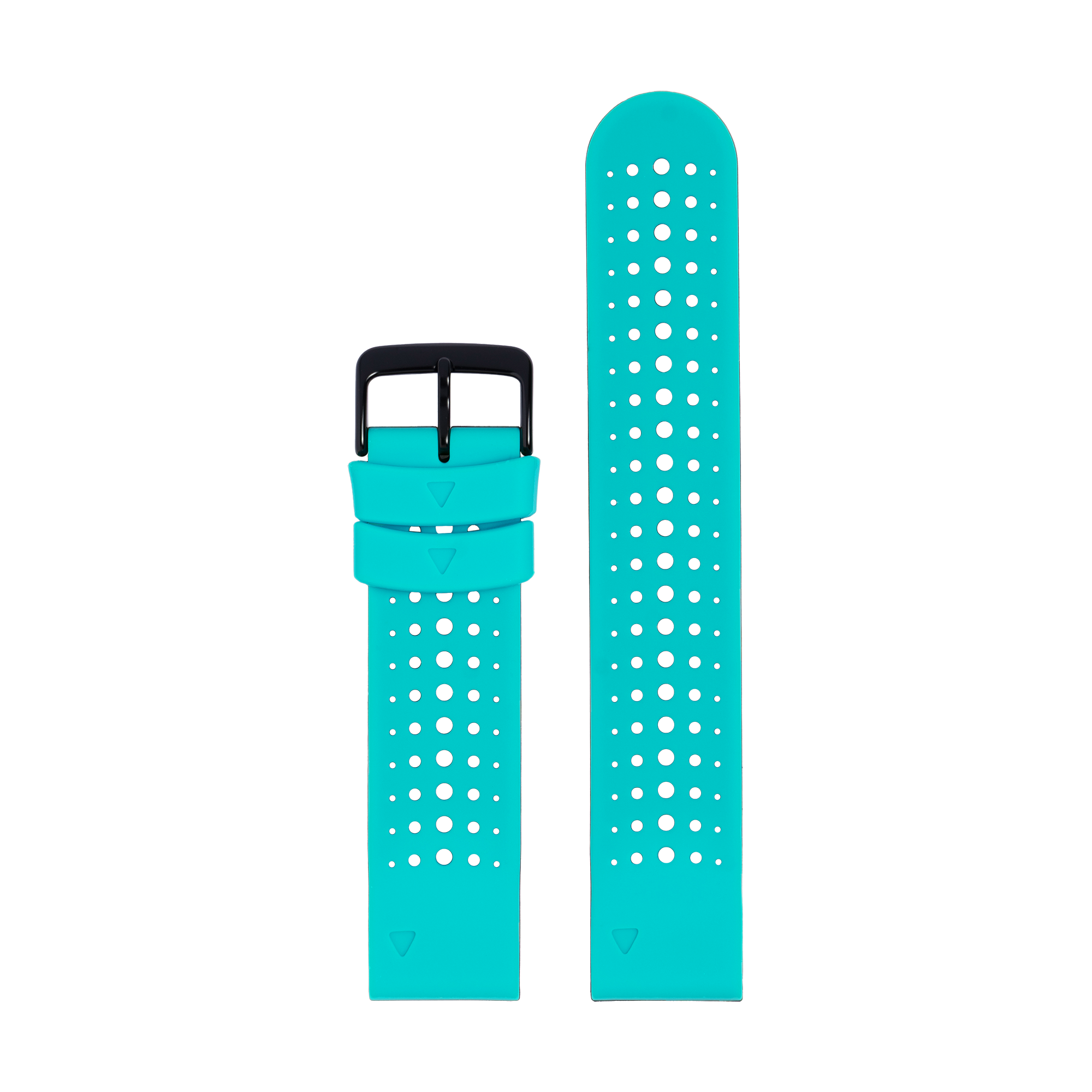 Turquoise silicone sports watch strap with perforated ventilation holes and black buckle closure