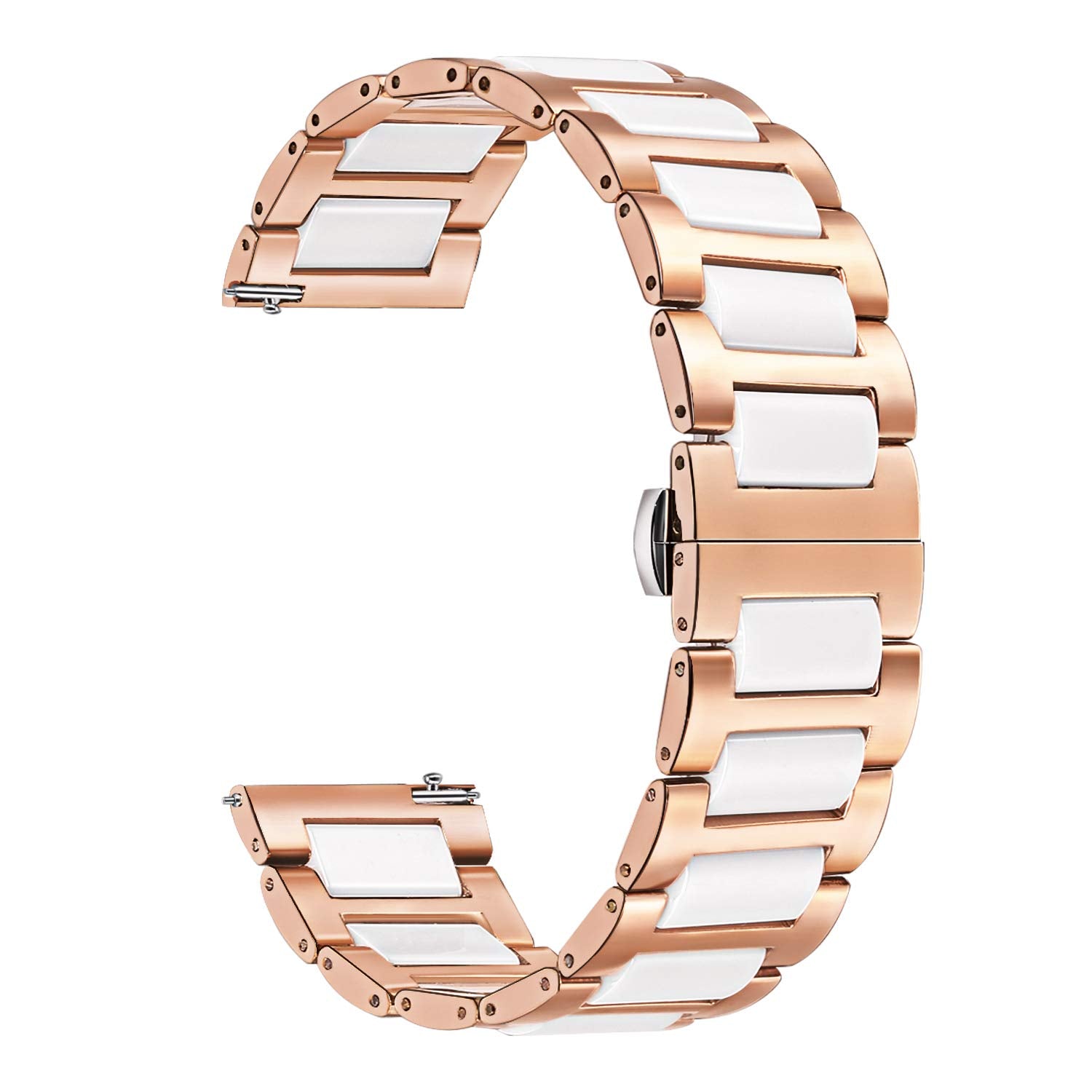 Rose gold ceramic and stainless steel watch band with white ceramic links and quick release deployant clasp