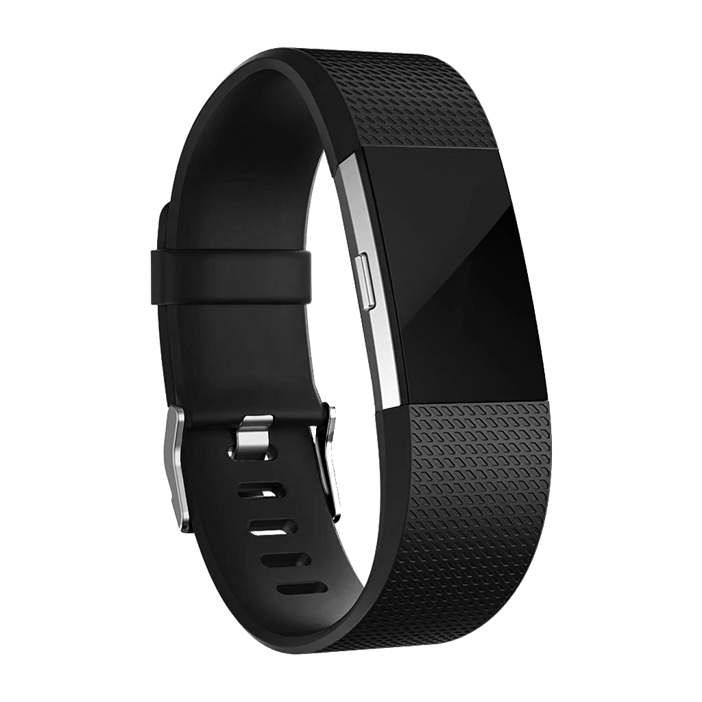 Black Fitbit Charge 2 fitness tracker with textured silicone band and metal clasp, front and back view