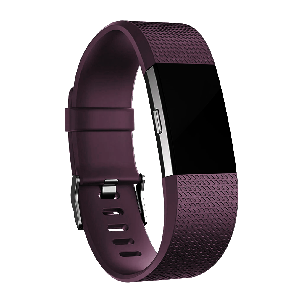 Burgundy Fitbit Charge 2 fitness tracker with textured silicone band and black display screen