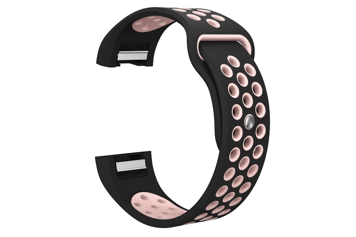 Black and rose gold perforated silicone sports band for Fitbit Charge 2 with ventilation holes and metal clasp