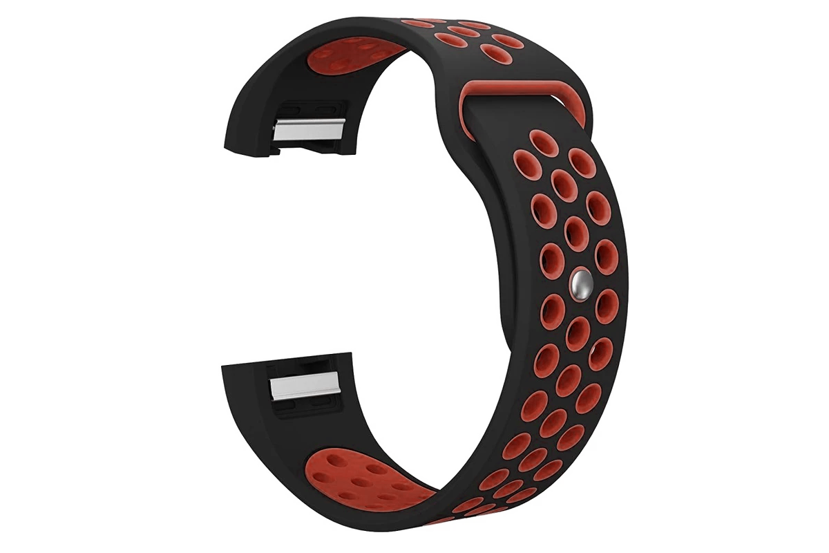 Black and red perforated sports silicone band for Fitbit Charge 2 with ventilation holes and metal connectors