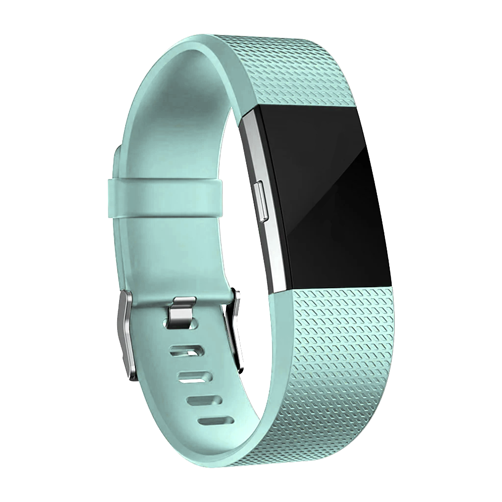 Mint green silicone Fitbit Charge 2 fitness tracker band with textured strap and black display face