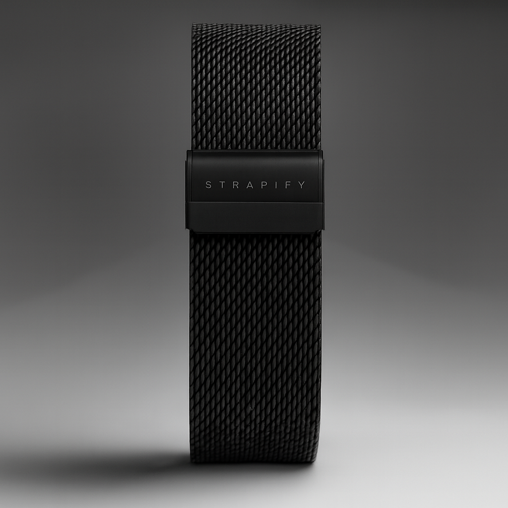 Strapify black titanium milanese mesh watch band with quick fit system and minimalist logo design
