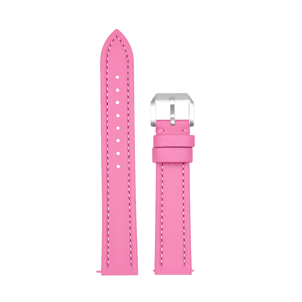 Pink sailcloth quick release watch strap with white stitching and silver buckle