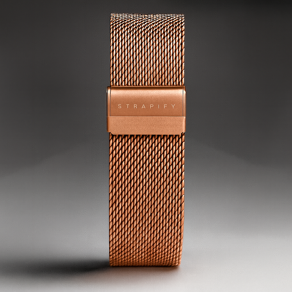 Rose gold stainless steel mesh watch strap with QuickFit titanium featherlight connector and adjustable clasp