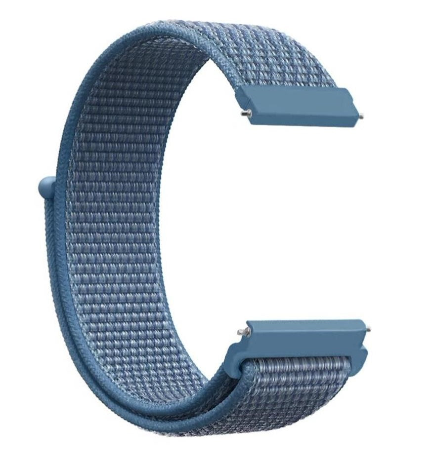 Blue nylon sports loop watch band with quick release velcro closure and adjustable fit
