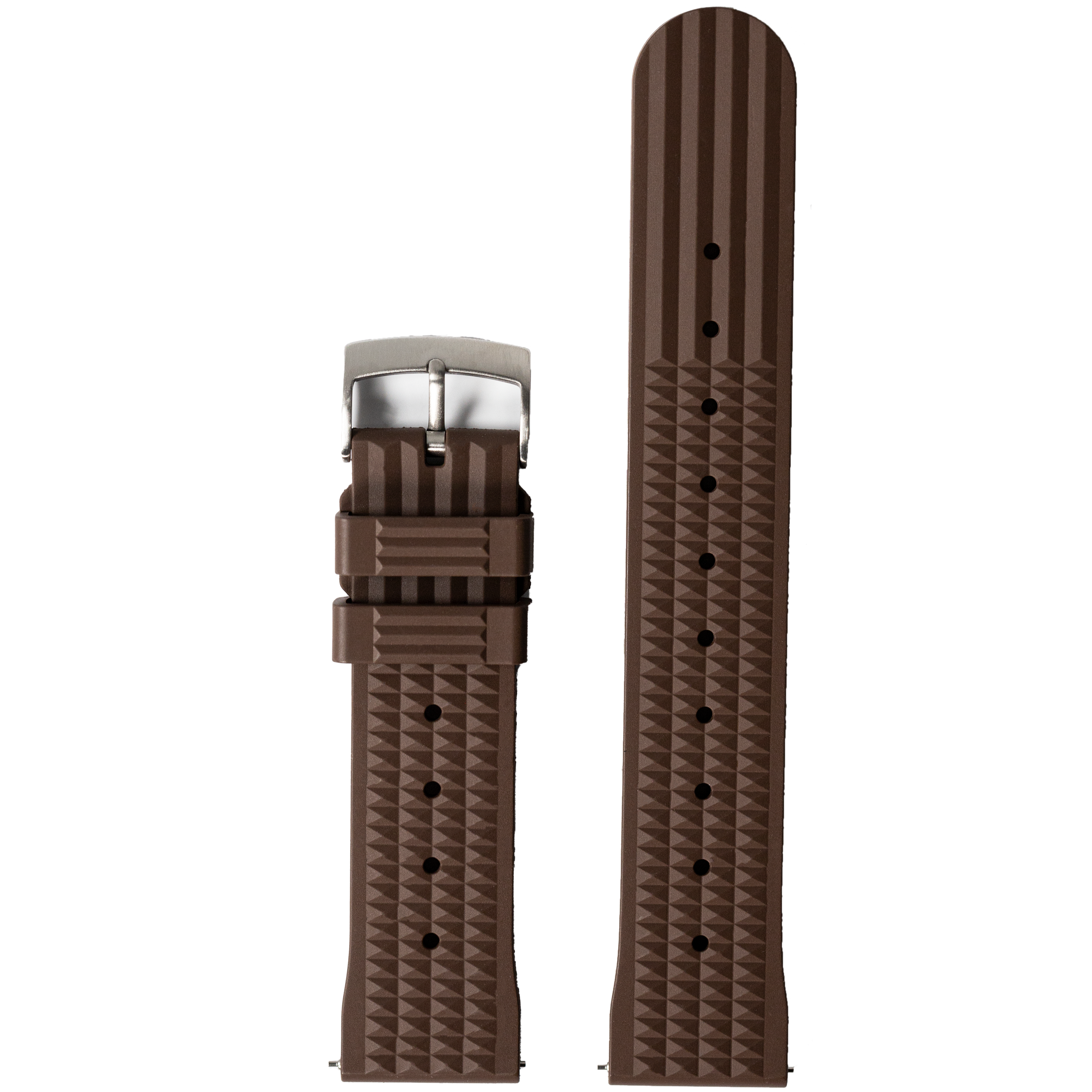 Brown textured rubber watch band with quick release mechanism and silver buckle, displayed flat and attached to sample watchhead
