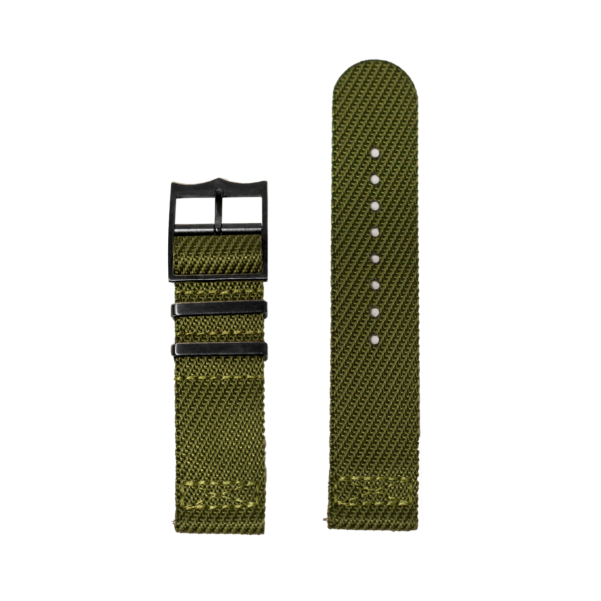 Olive green military textile watch band with black hardware for Fitbit Versa and Sense smartwatches, shown folded and extended