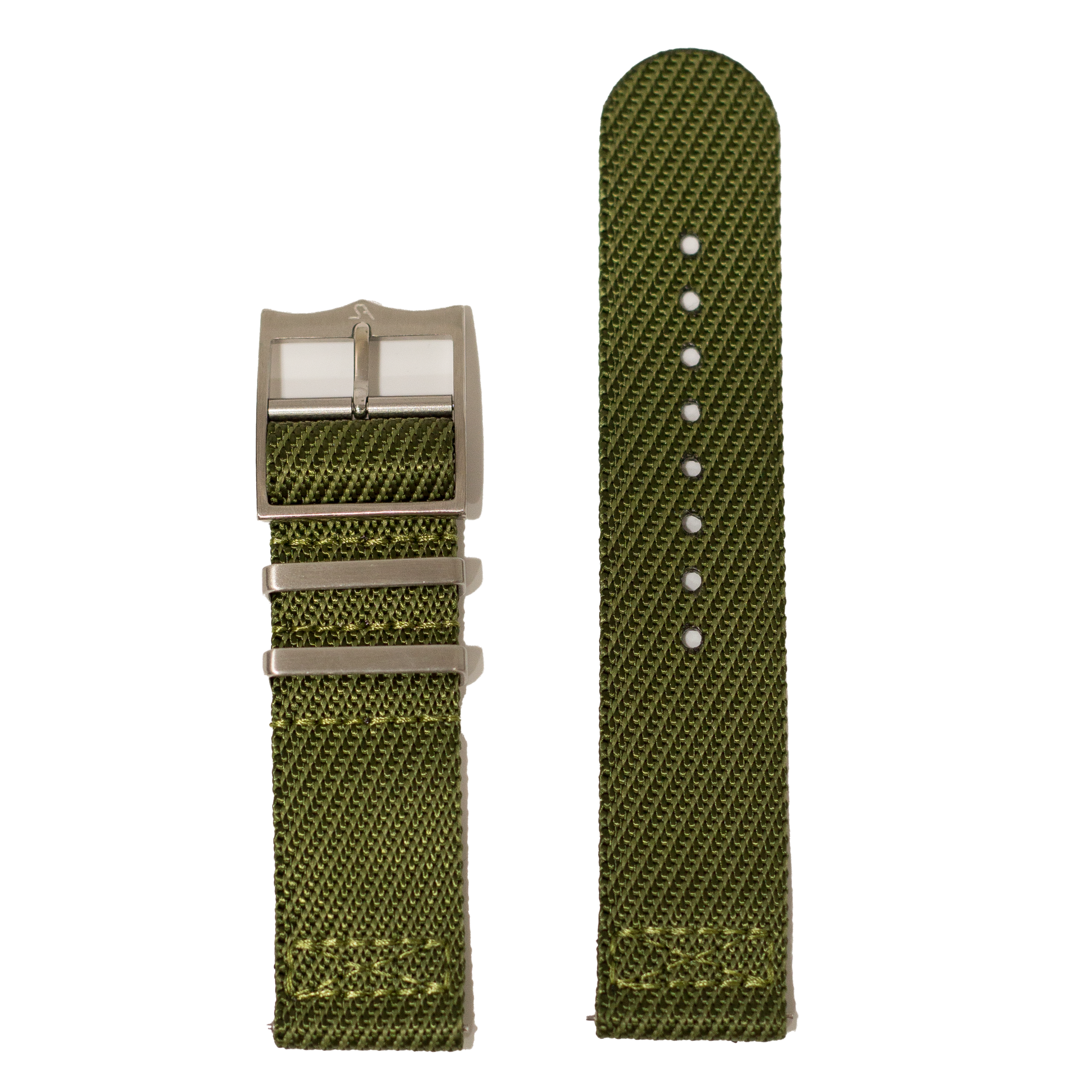 Military-style green canvas watch strap with quick-release buckle and metal hardware, 26mm width
