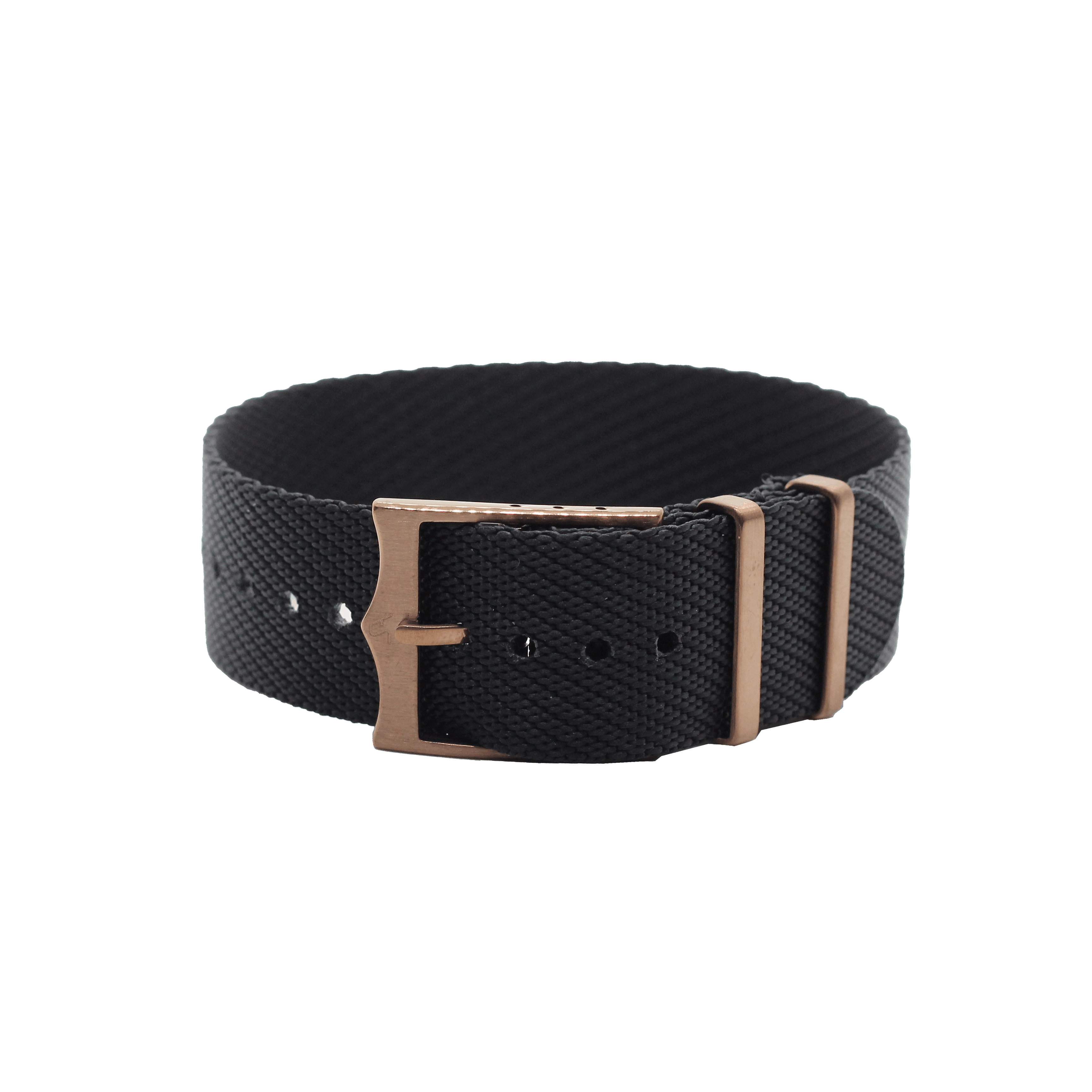 Black fabric military-style watch strap with bronze buckle and adjustable sizing loops