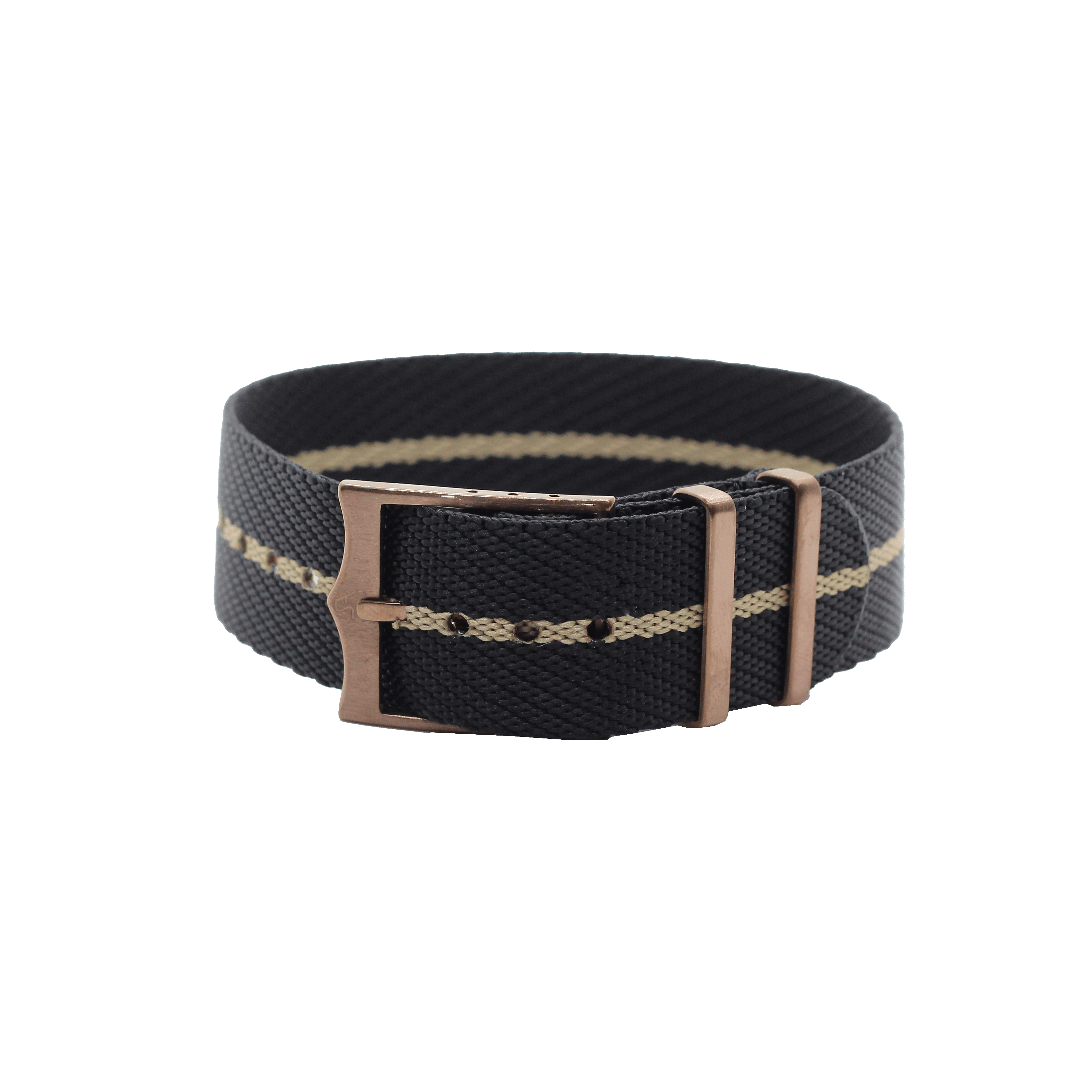 Black and wheat canvas adjustable belt with bronze buckle hardware and striped detailing