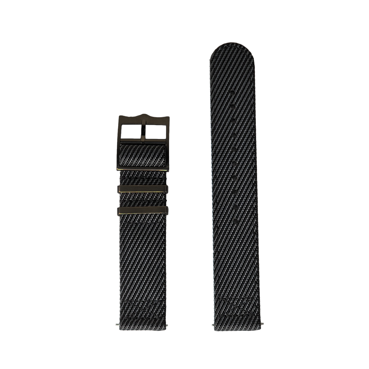 Black carbon fiber watch band with cross militex weave pattern and rose gold buckle hardware, shown assembled and separately